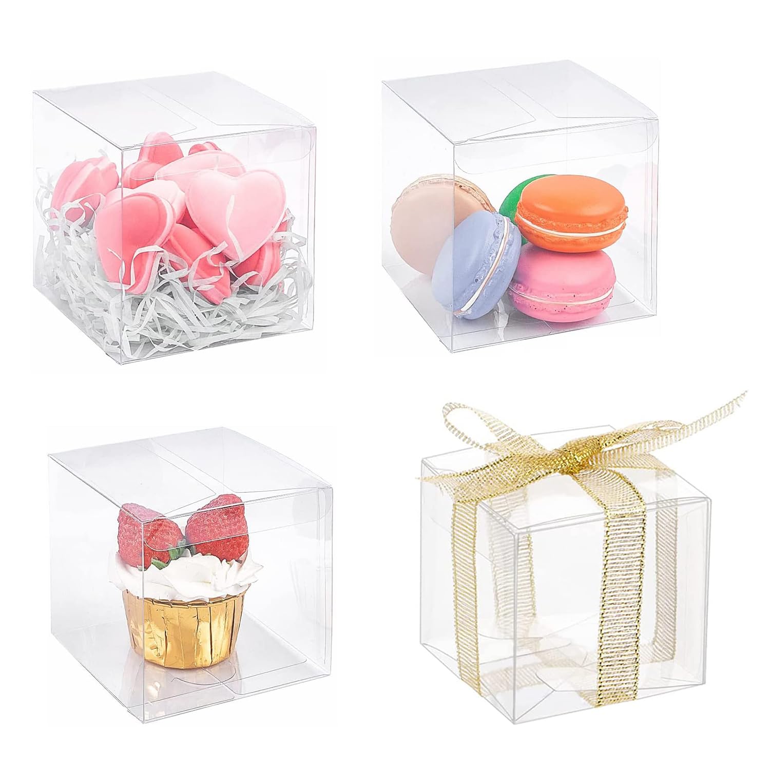 – X spring Clear Boxes for Favors, 30 Pcs 10x10x10 cm Transparent Gift Box with Ribbons, Clear Plastic Cube Candy Boxes for Macaron Cookies, Cake Box, Small Gift Box For Wedding Party Baby Shower