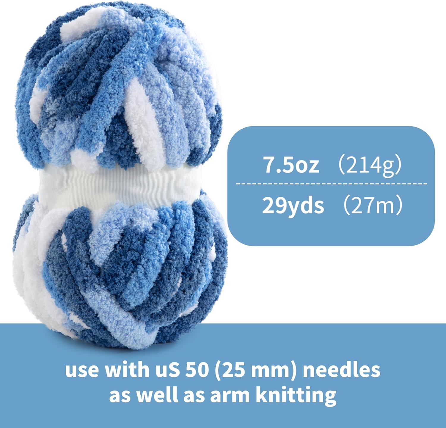 HOMBYS Chunky Tie Dye Mix Chenille Yarn for Hand Knitting, Super Bulky Jumbo Yarn for Crocheting, 3/4" Thick Soft Plush Yarn for Blankets, 8 Skein Pack (26 yds / 7.5 oz Each) Blue, White
