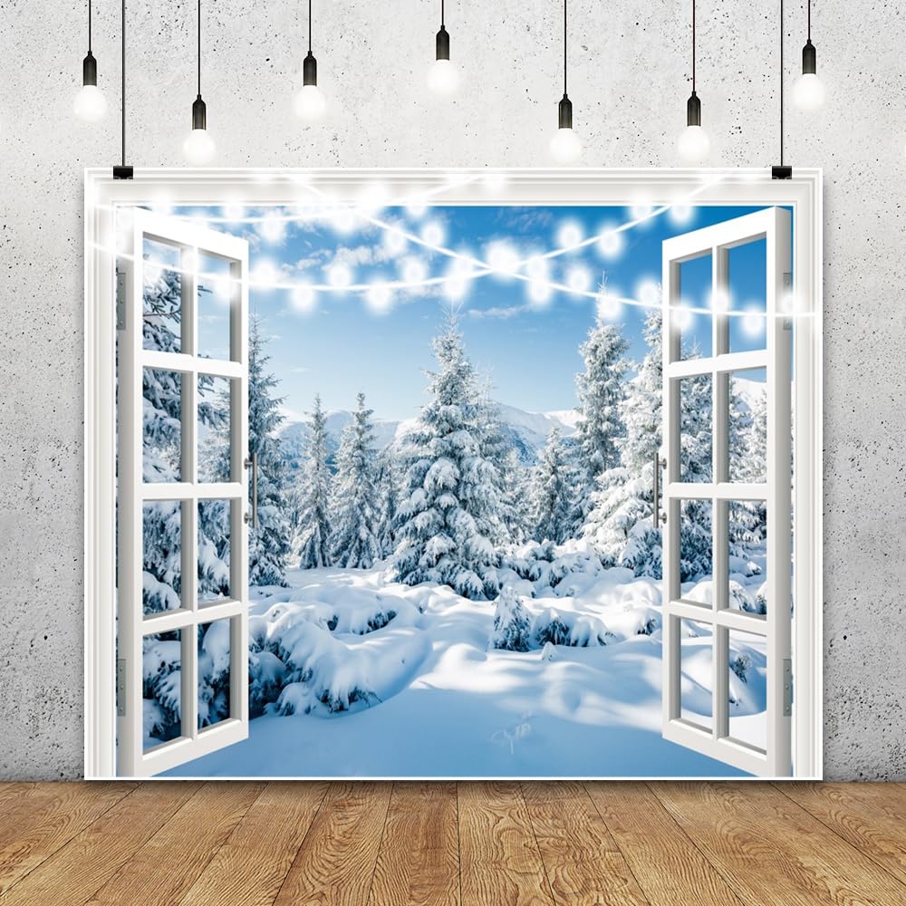 Fotohintergrund für den Winter, Schnee, Wald, Fenster, Bäume, Alpen, 3 x 2,4 m