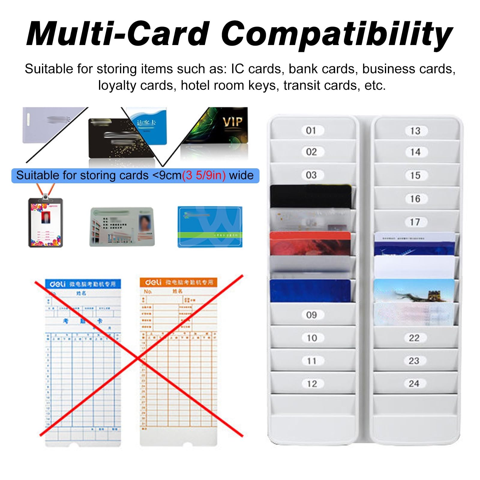 Tarjetero de pared con múltiples bolsillos para organizar tarjetas de identificación e información