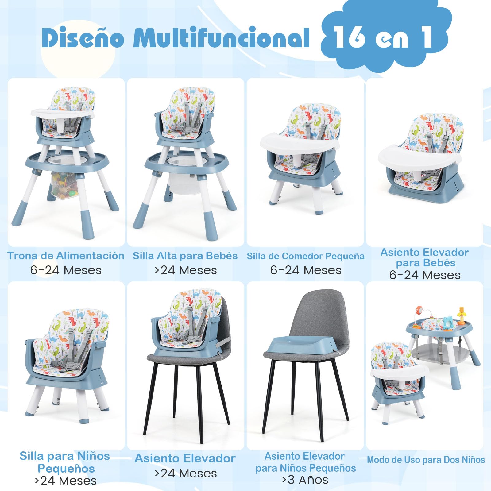 GOPLUS Trona Convertible para Niños 16 en 1, Set de Estudio con Mesa Doble, Bandeja Extraíble, Cesta y Cinturón de Seguridad, Centro de Actividades Ajustable con 3 Juguetes (Azul + Blanco)