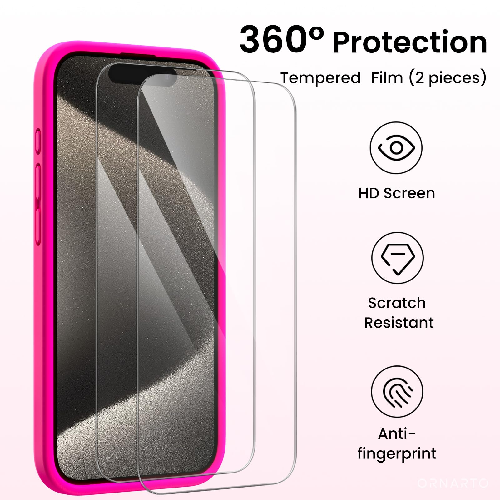 ORNARTO Cover per iPhone 15 pro Silicone 6.1 Pollici, con 2 Pellicola Vetro Temperato, Morbido Silicone Liquido Protezione, Antiurto Ultra-Sottile Protezione Custodia iPhone 15 pro-Rosa Caldo