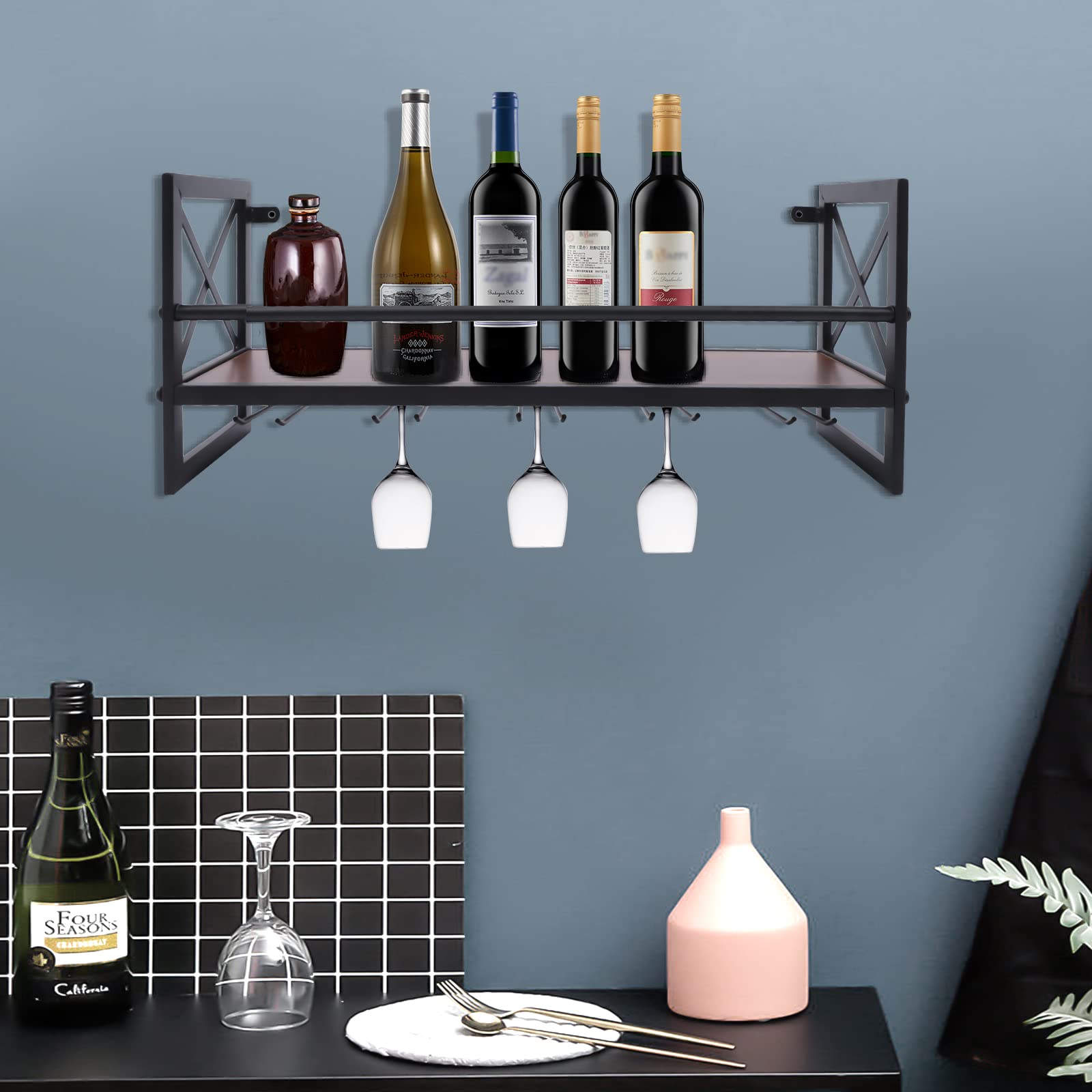 Wein Glas Regal,Alkohol Regal, Bar Regal Outdoor Industrielle Industriell wandmontierte Weinregal Weinglas Schiene Stemware Gläserhalter, Hängender Weinglashalter,Schwarz,61 * 20 * 26cm
