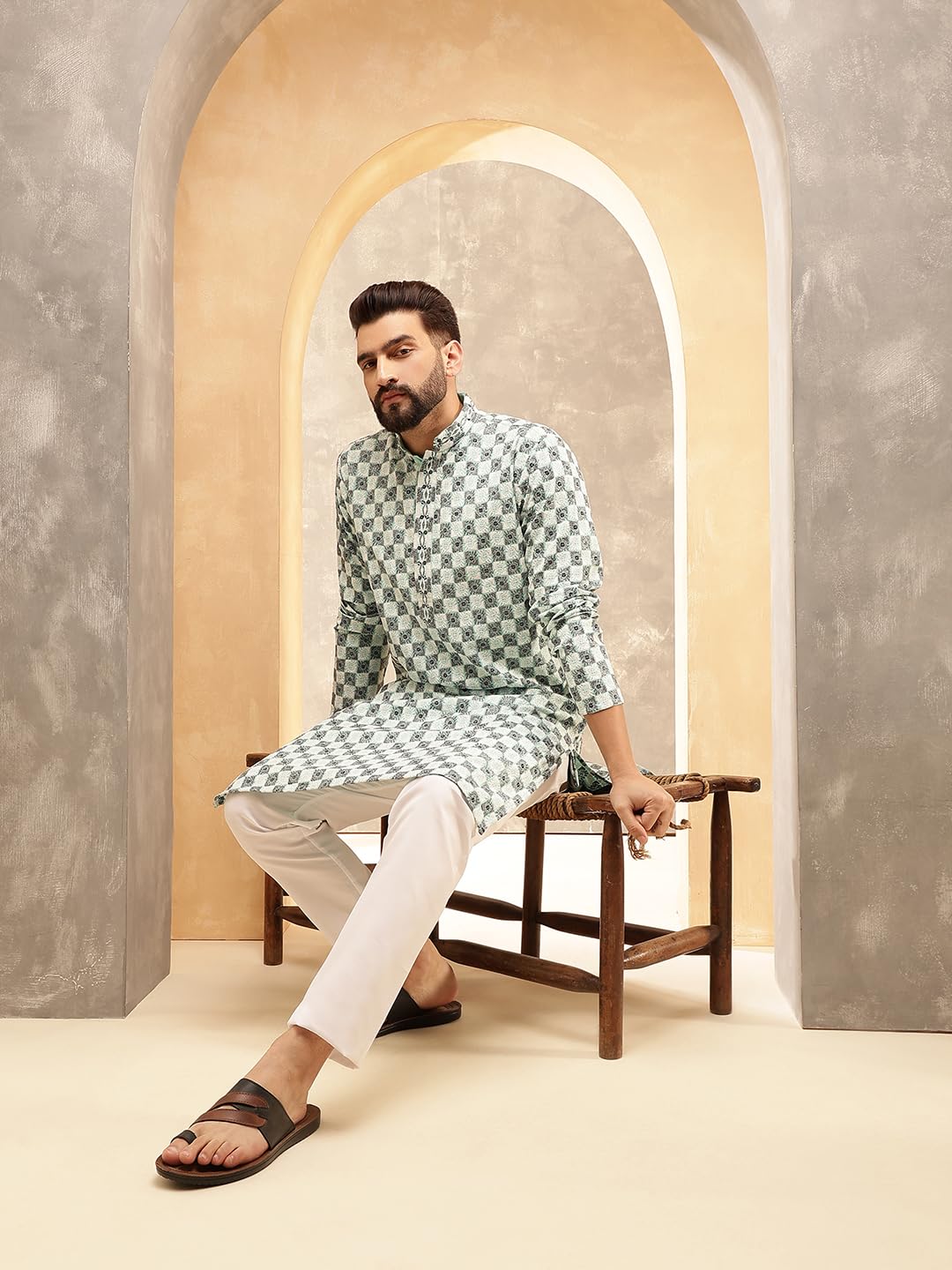 Sojanya (Since 1958 Men's Cotton Rayon Embroidered Sequinned Sea Green Kurta With White Pyjama