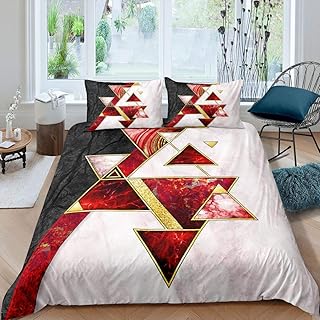 Marble Comforter Cover King Girls Women,Modern Luxury Gold Red White Black Geometric Texture Lines Marble Bedding Set Hotel Soft Microfiber Triangle Duvet Cover with Zipper Closure and Pillow Shams