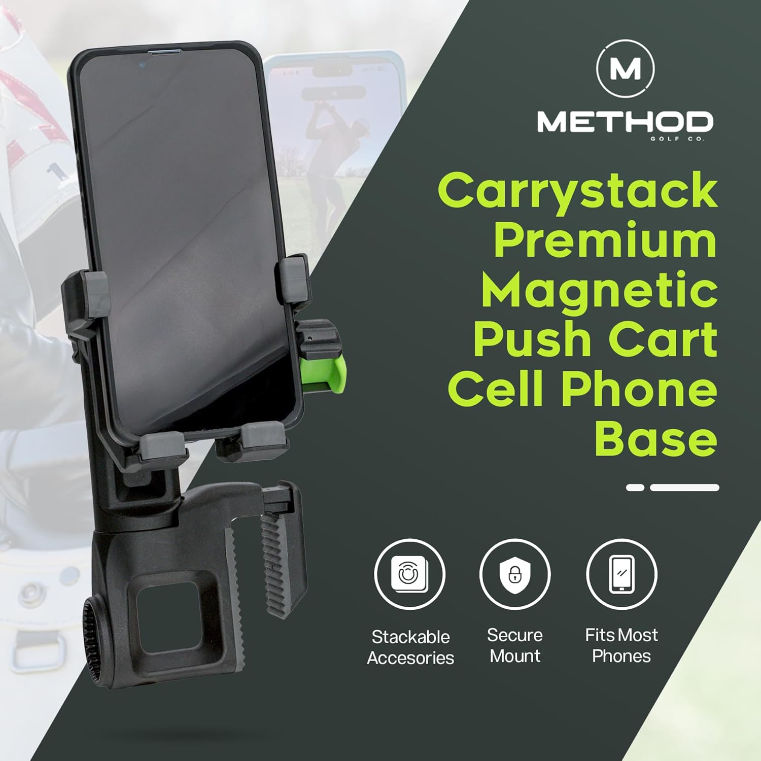 Method Golf CarryStack Golf Bag Phone Holder – Heavy Duty Magnetic Phone Mount for Most Smartphones with Magnetic Range Finder Strap- Full Rotation Open Face Design Converts Any Bag into a Tripod