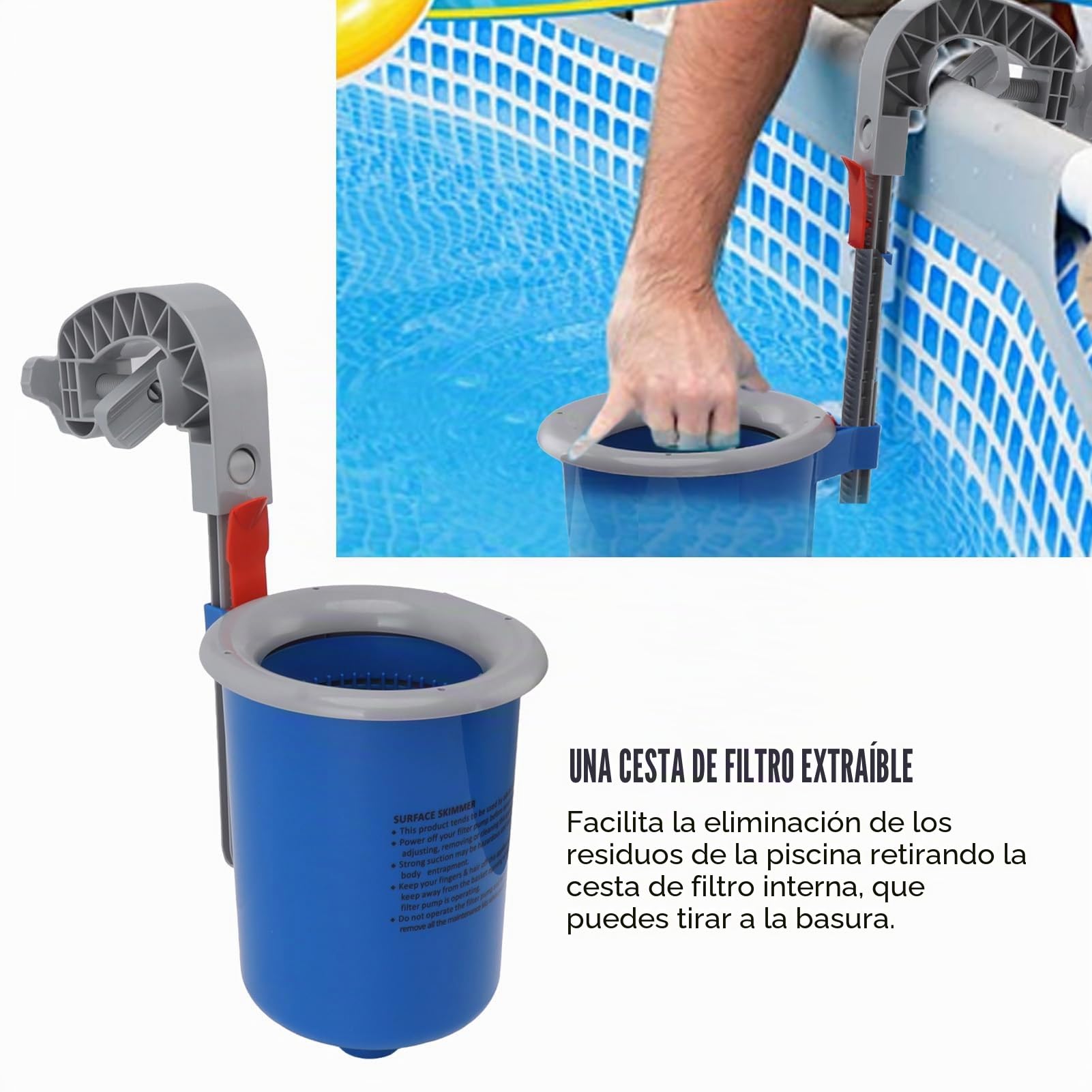 Skimmer de Superficie para Piscinas elevadas, Skimmer automático de Pared con Cesta de Filtro extraíble, Apto para Piscinas hinchables y con Estructura metálica