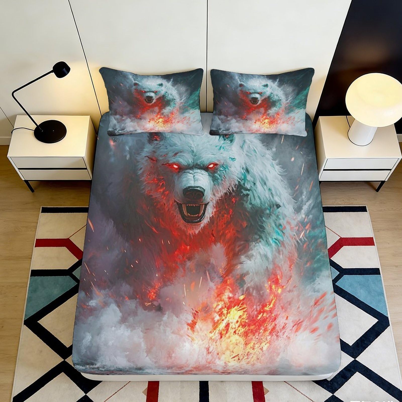 3D Printed Fiery Bear Fitted Sheet Microfiber Durable Soft 3D Printed Angry Polar Bear Mattress Cover for Bedroom Dormitory Guest Room Protection 120x200x25cm
