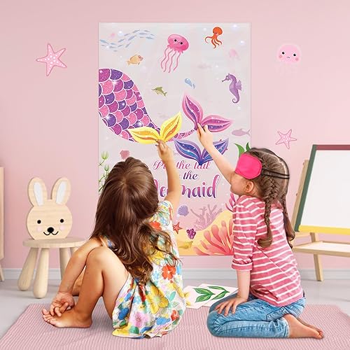 Miniatura 7 de Hxezoc Pin The Tail on The Mermaid Game con 40 piezas de colas grandes de sirena rosa para niños y niñas, fiesta de cumpleaños de sirena,