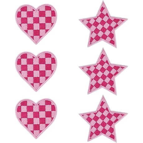 6 pcs Pink Star Patches Iron on Applique Pink Checkered Heart DIY Patches