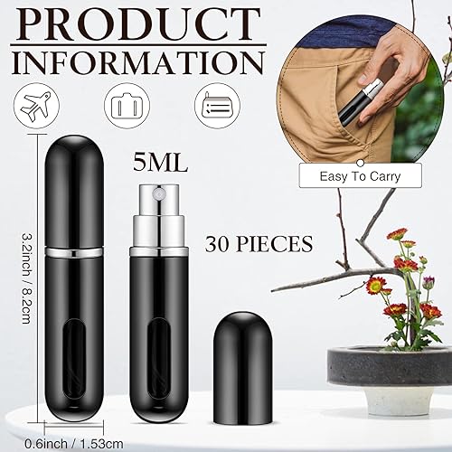 Miniatura 2 de Atomizador de perfume recargable negro brillante, mini botella de spray de 0.2 fl oz con 10 bombas dispensadoras, estuche para botella de perfume de