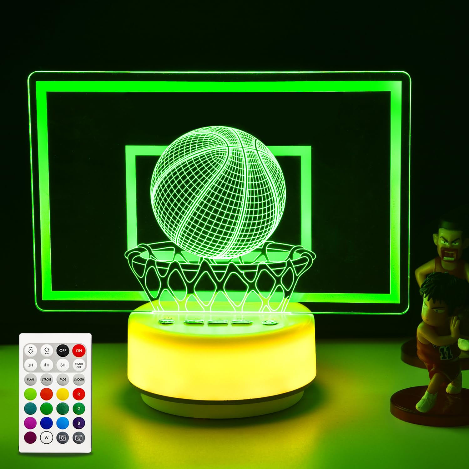 HYODREAM Clásica luz nocturna de baloncesto lámpara de decoración oscura, 14 colores patrón blanco cálido base luz de escritorio deportivo, llave de entidad/temporizador/regulable, regalos de