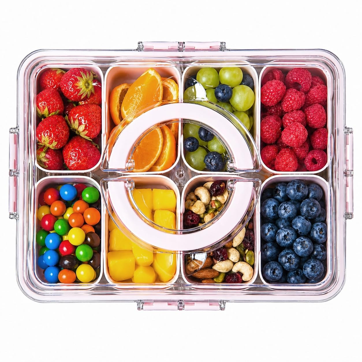 Contenitore per snack con scomparti e coperchio – Piatto da portata portatile per caramelle, frutta, snack, piatto suddiviso per picnic e feste PP (PINK)