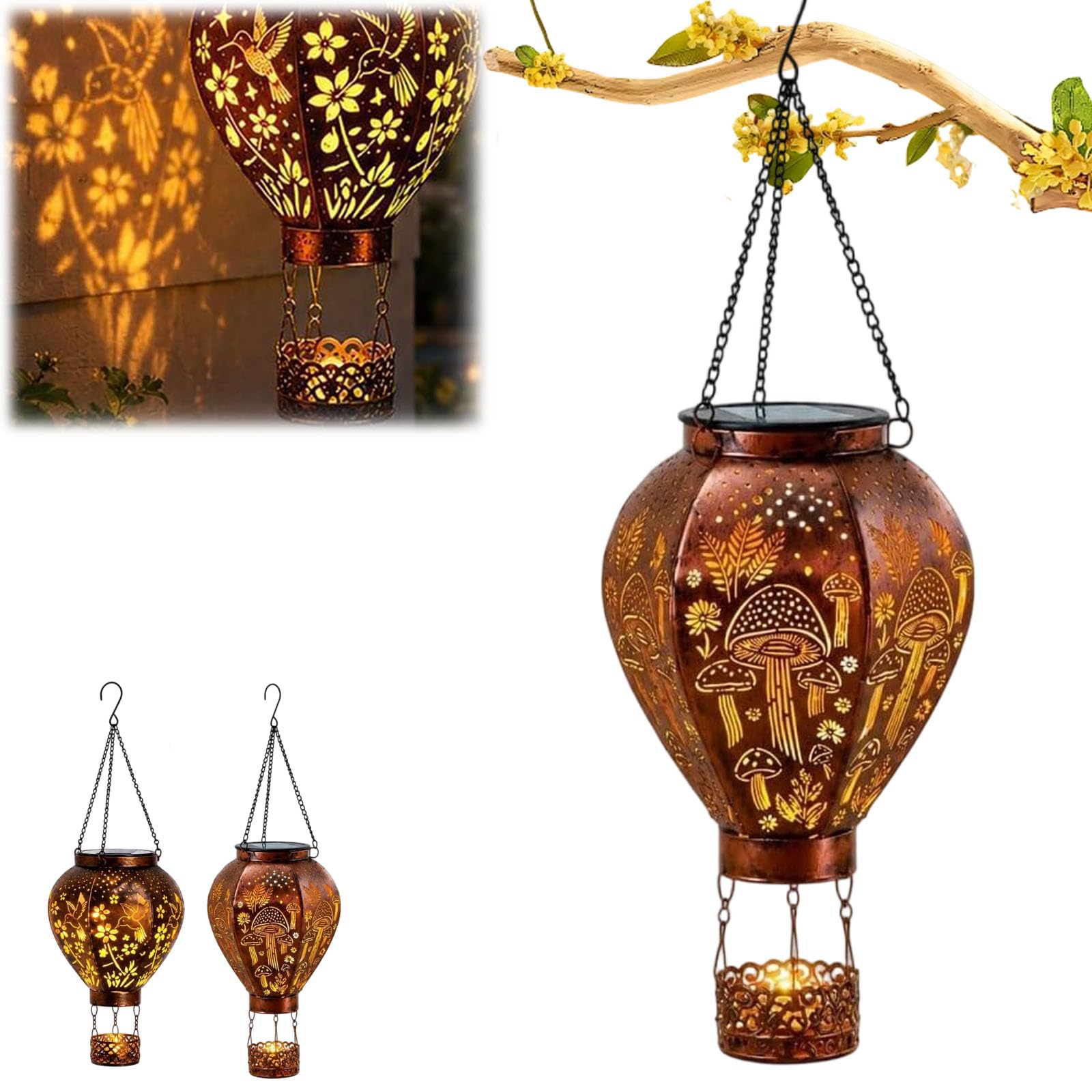 Solar Powered Hot Air Balloon Lantern, Hot Air Balloon Solar Garden Light, Solar & Auto-On/Off, Durable Wrought Iron, Vintage Hanging Solar Lights For Garden Patio Balcony Outdoor Decoration (Style 2)
