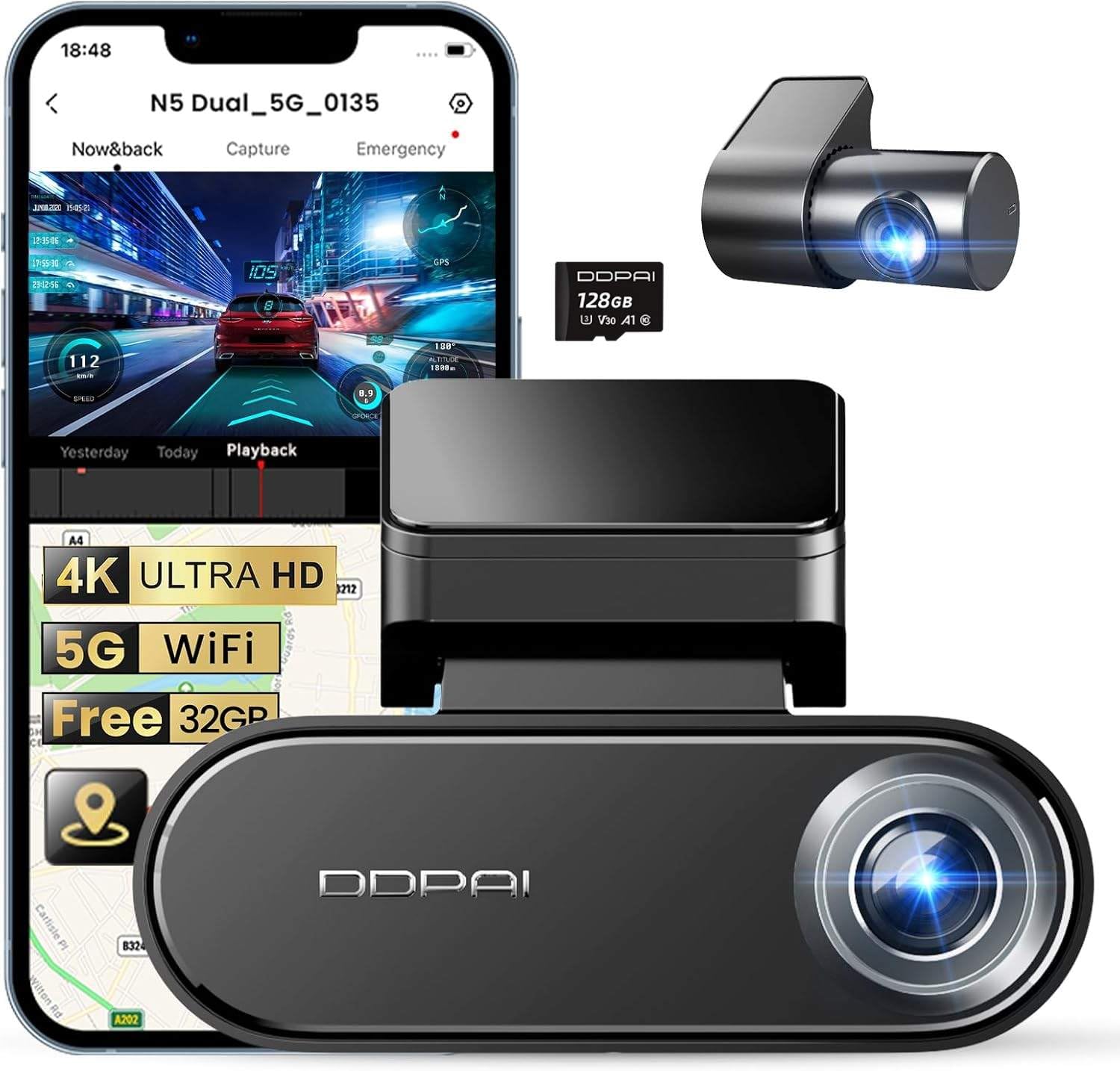 DDPAI N5 Dual Dashcam Coche 4K+1080P, Gratis 128GB Tarjeta + 32GB eMMC Integrada, Super Visión Nocturna, 5G WiFi, GPS, Modo Estacionamiento 24h, G-Sensor, Grabación en Bucle, Control por App