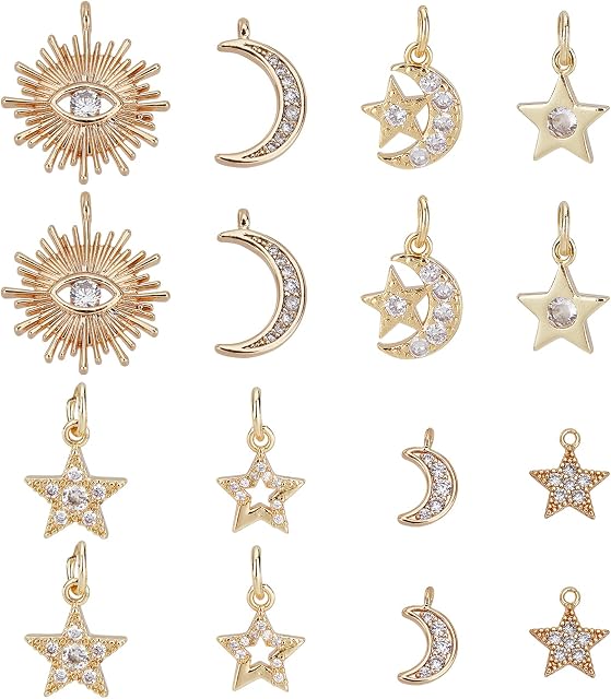 SUPERFINDINGS 16Pcs 8 Style Brass Micro Pave Cubic Zirconia Charms Rhinestone Crystal Moon Star Charms Planet Starry Charms Dangle Pendants for Bracelets Necklaces Earrings Jewelry Making