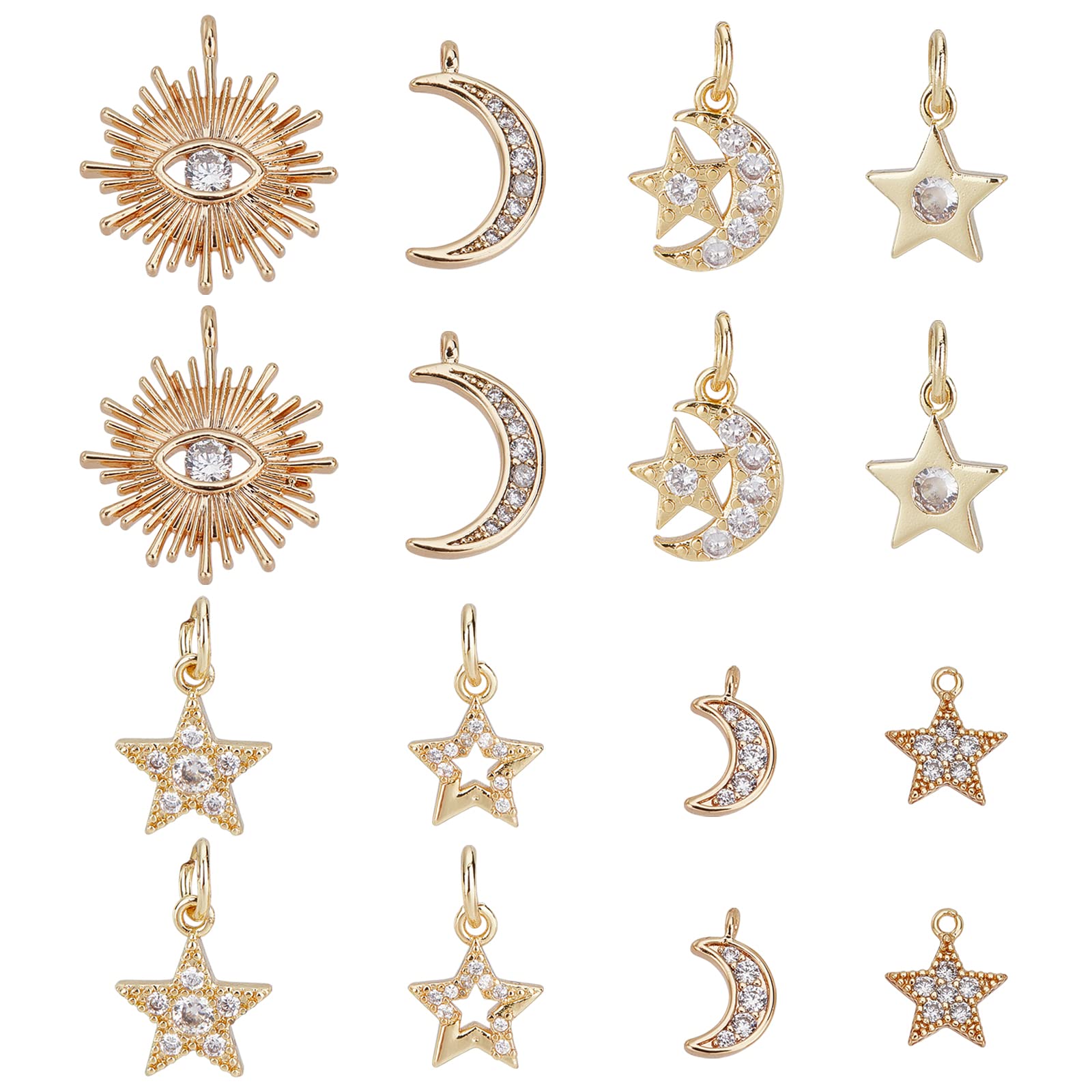 SUPERFINDINGS 14Pcs 7 Styles Brass Micro Pave Cubic Zirconia Charms Rhinestone Crystal Moon Star Charms Planet Starry Charms Dangle Pendants for Bracelets Necklaces Earrings Jewelry Making