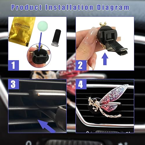 Vista 3 de Augeny 2 clips de ventilación de libélula brillantes, bonitos clips de ventilación de ambientadores de automóvil de cristal, clip de ventilación
