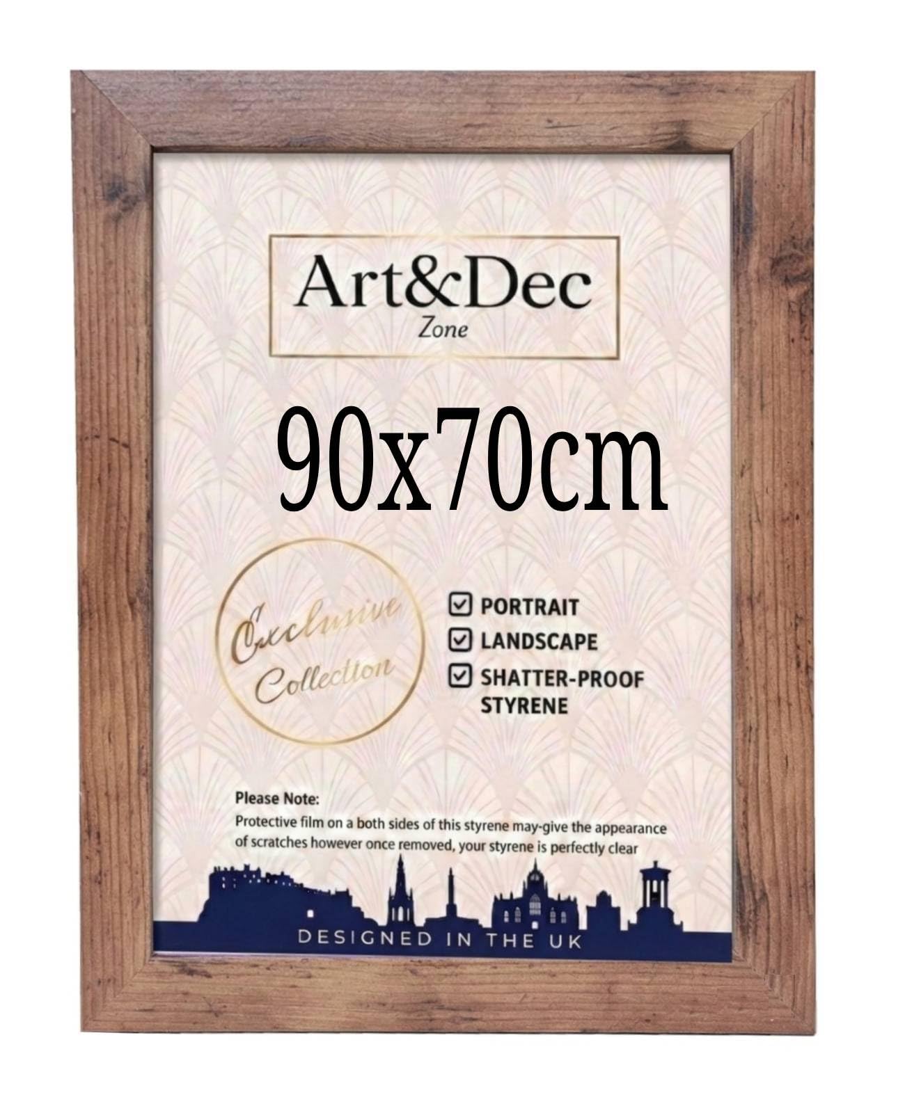 Art & Dec Zone® Vintage-style Rustic MDF Picture Frame 70x90 cm Extra Large Durable MDF Poster Frame with Clear Acrylic Protection – Wall Display for Photos, Artwork & Prints