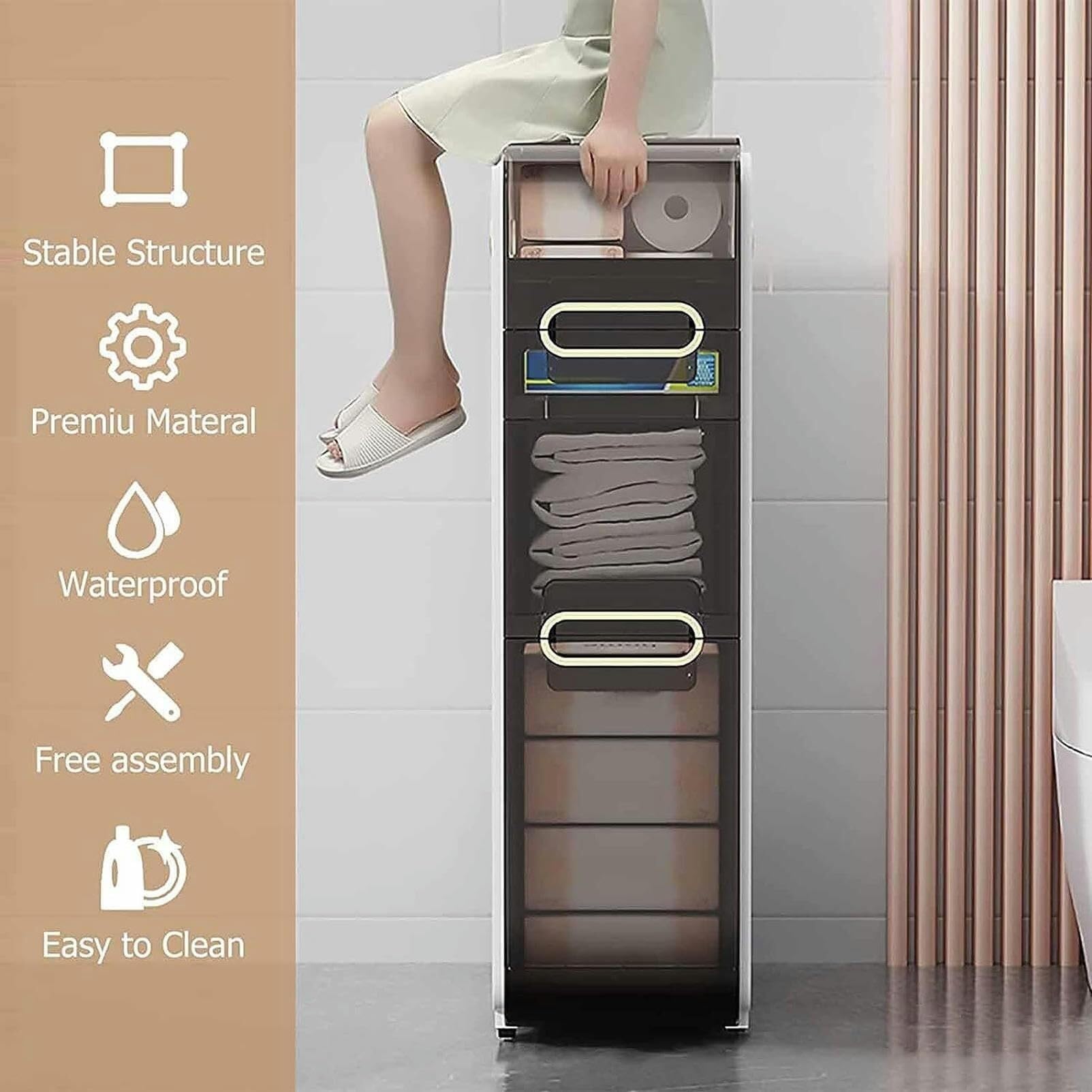 Organizador de piso para baño Delgado en Forma de Torre con cajones transparentes de Gran capacidad y portarrollos, unidad de almacenamiento Vertical para artículos esenc