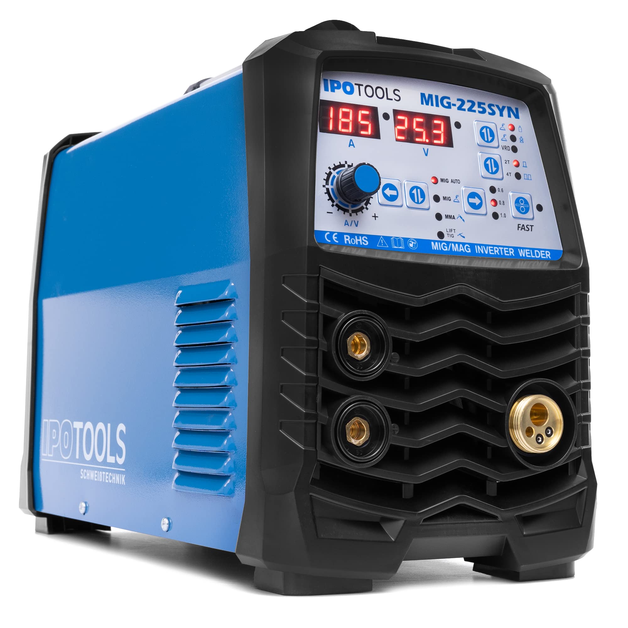 IPOTOOLS MIG-225SYN Inverter Schweißgerät MIG MAG - Schutzgas Schweissgerät mit 225 Ampere/Synergic Funktion/Fülldraht und Elektroden/E-Hand/Digitalanzeige/IGBT / 230V / 7 Jahre Garantie