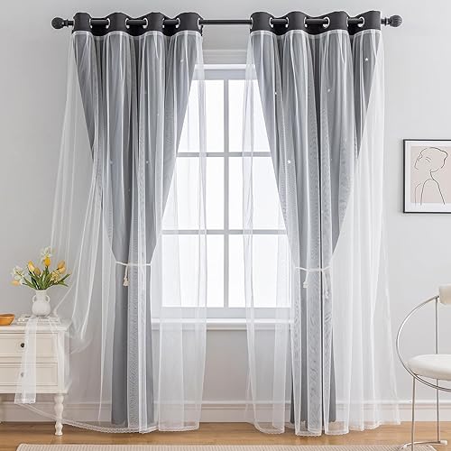 Miniatura 7 de indistar Cortinas opacas con recortes de estrellas para dormitorio de niña, cortinas de oscurecimiento para habitación de bebé, cortinas para
