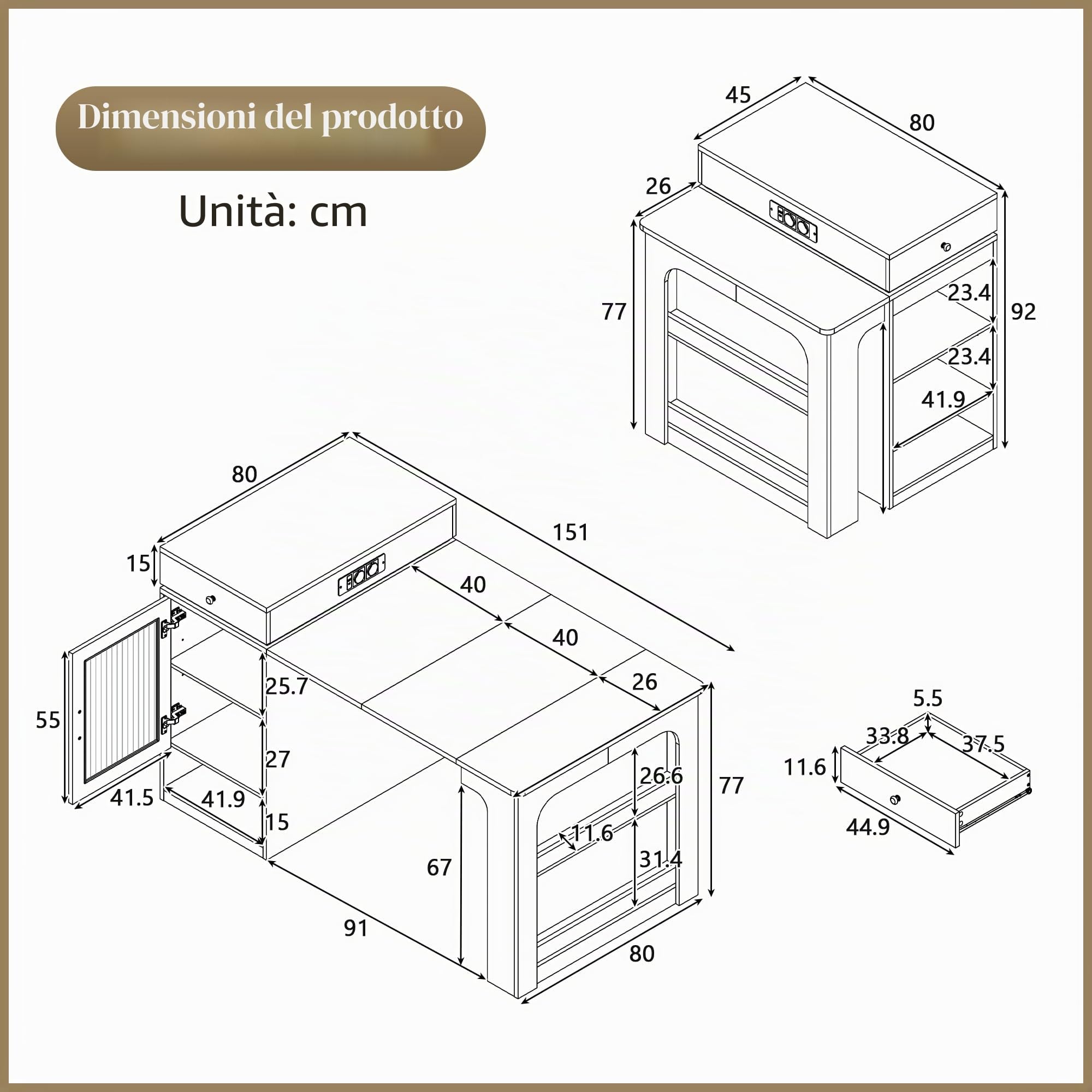 Isola da Cucina con Ruote, Carrello Servizio, Tavolo Pranzo Allungabile con Piatto Rimovibile, Tavolo Bar con Ciabatte, Multifunzione (Bianco)