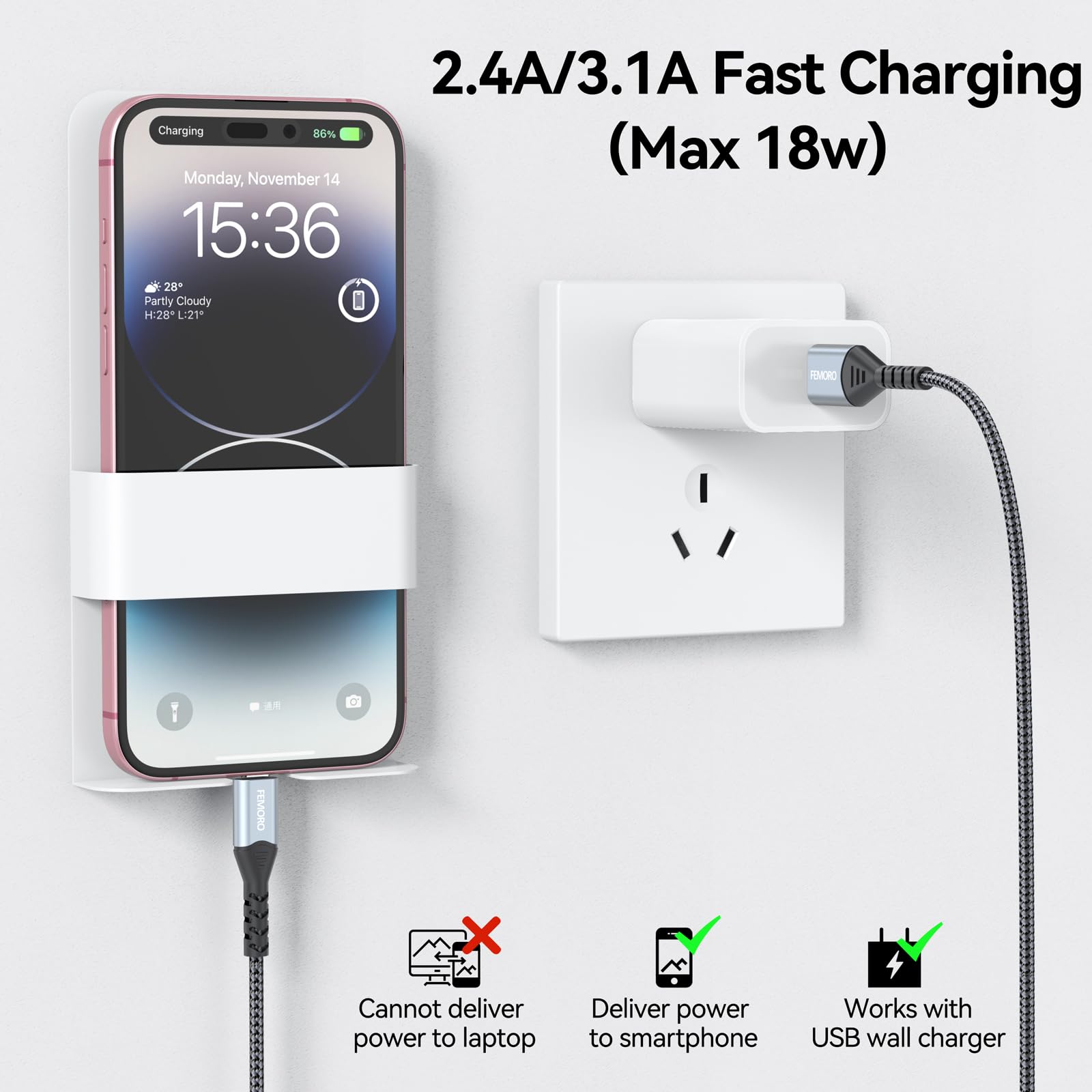 FEMORO Cavo USB C da 3 m, confezione da 10, 60 W, ricarica rapida da USB A a USB C, cavo extra lungo USB2.0 di tipo C per sincronizzazione dati intrecciato per iPad, iPhone15, telefoni Android, Galaxy