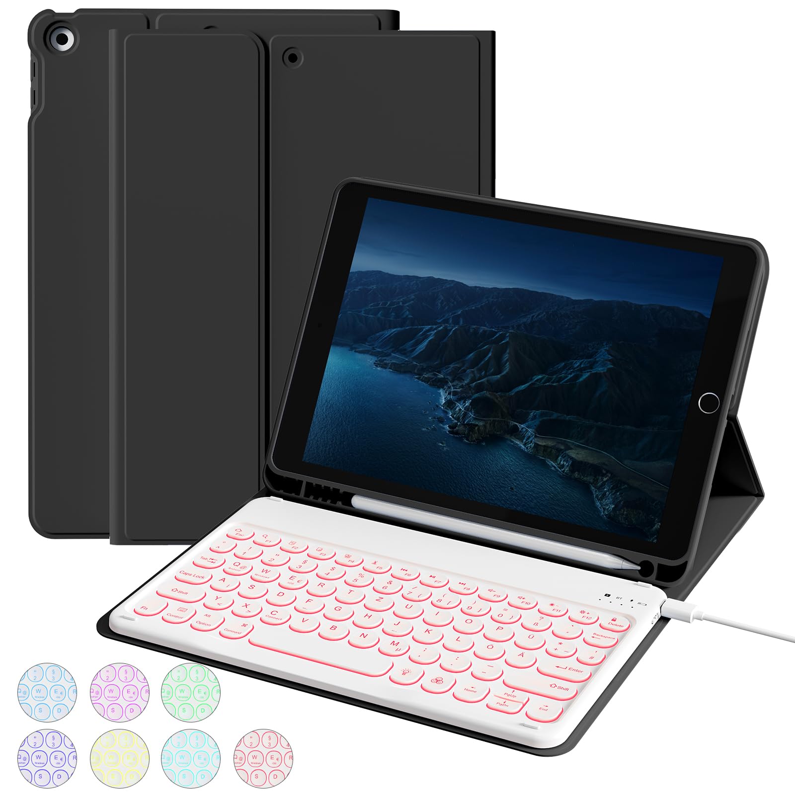 aoub Hülle mit Tastatur für iPad 9./ 8. / 7. Generation, Beleuchtete Tastatur mit Hülle für iPad 10,2 Zoll 2021/2020/2019, 7 Farben Beleuchtung, QWERTZ Layout, Schwarz