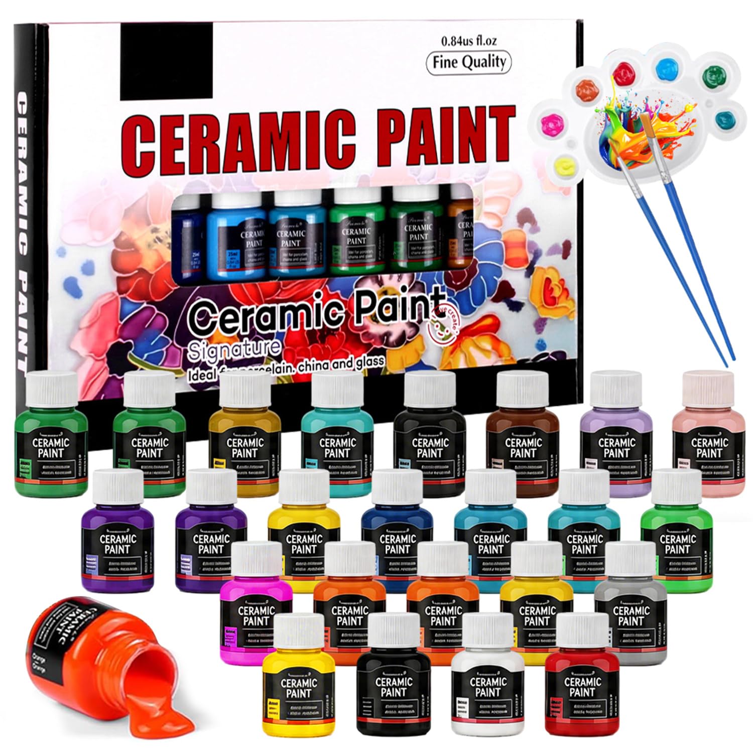 Set di colori in porcellana, 24 x 25 ml, in ceramica, lavabile in lavastoviglie, con 2 pennelli, 1 pallet, porcellana e vetro di colore correggibile prima della cottura, poi impermeabile per tazze