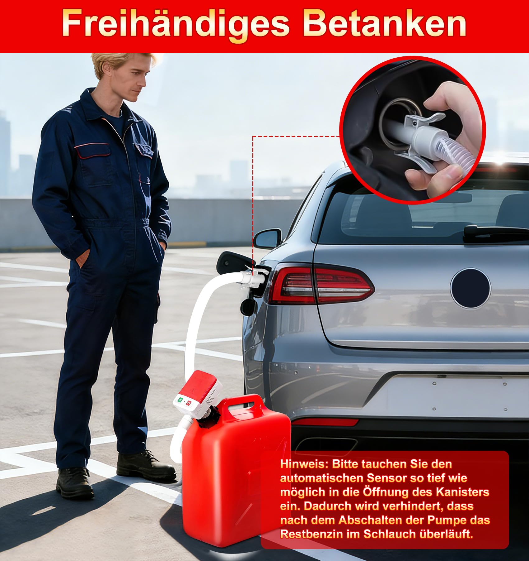Kraftstoffpumpe mit Auto-Stopp-Sensor, 3.2GPM(12L/min) Dieselpumpe & Benzinpumpe für Kanister, Öl und Wasser – Mit flexiblem Schlauch für Traktor, Generator, Rasenmäher mit 3 Adaptergrößen (12L/min)