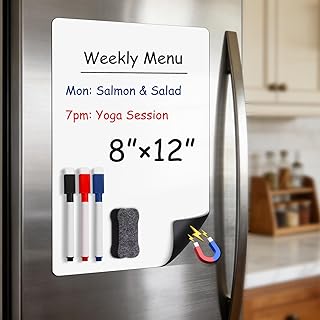 Magnetic Whiteboard for Fridge 12" x 8": Small Dry Erase Board Sheet for Kitchen Refrigerator as Weekly Menu Planner with Strong Magnet Backing - Flat Ships