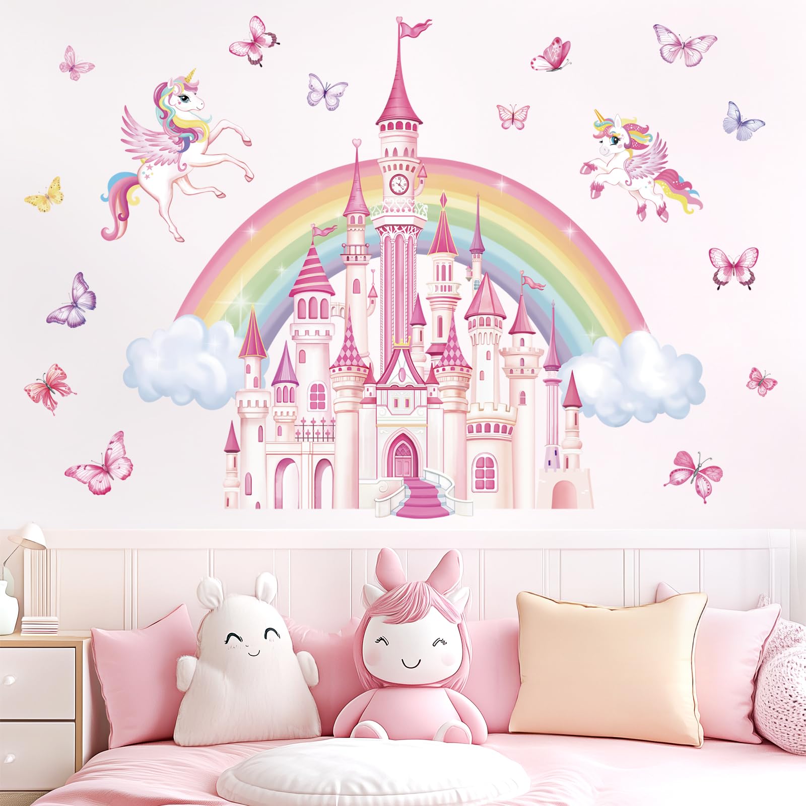 wondever Rainbow Castle Wall Stickers Fairy Tale Unicorn Butterfly Peel and Stick Wall Art Decals for Baby Nursery Girls Bedroom Toddler Room - Image 3