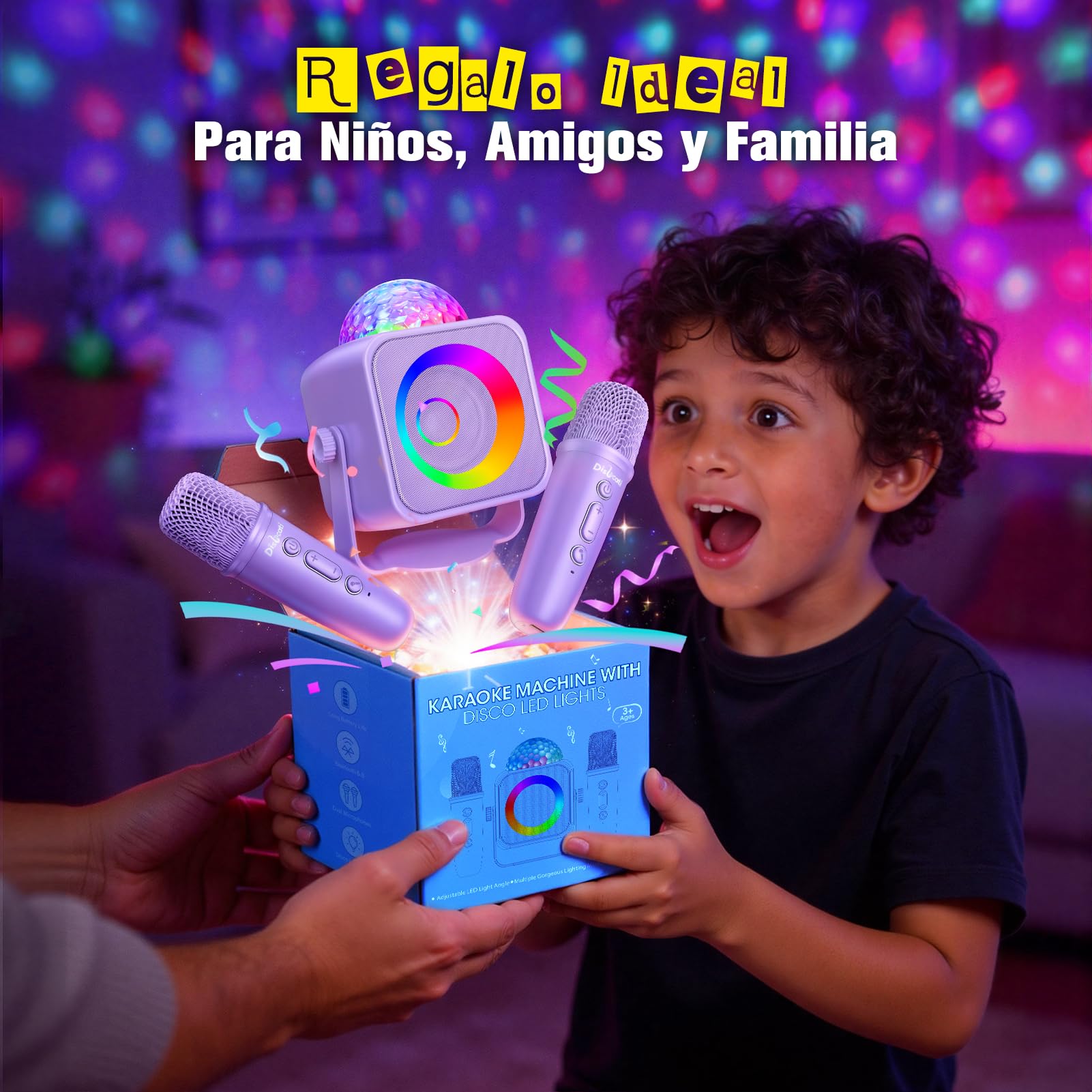 Dislocati Karaoke Infantil 2 Microfonos Inalambricos, Regalo Niña 4 5-15 Años Karaoke Infantil Juguetes Niñas 3-15 Años Equipo de Karaoke Portátil con Bola de Luces de Discoteca y Soporte Desmontable