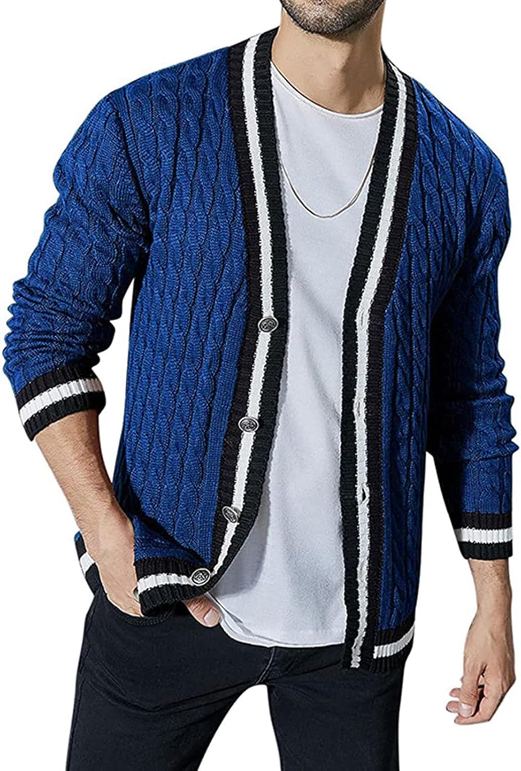 Ymosrh Men's Cable Knit Cardigan Sweater, Long Sleeve V Neck Button Down Fall Winter Thermal Sweaters, M-2XL
