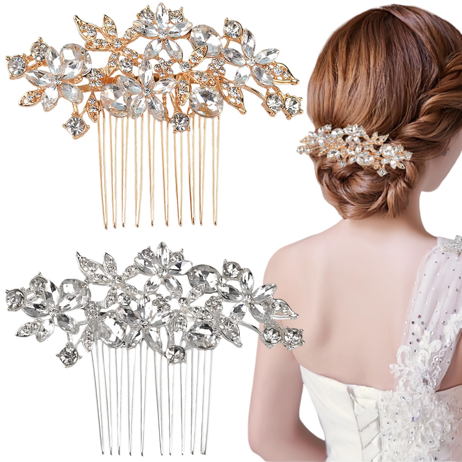 Muiltvoe 2 PCS Wedding Hair Combs Glitter Crystal Flower Headpiece Sparkle Metal Rhinestone Hair Accessories Bride Bridesmaids Side Comb Wedding Hair Accessories for Women and Girls