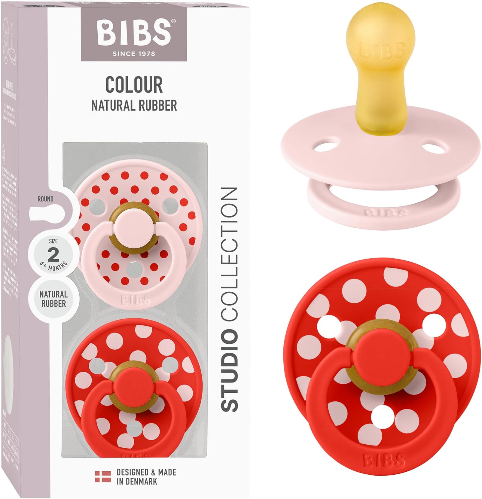 Polka Dots Soother 2-Pack, BPA Free Dummy Pacifier, Round Nipple. Natural Rubber Latex, Made in Denmark, Size 2 (6-18 Months), Blossom/Candy Apple