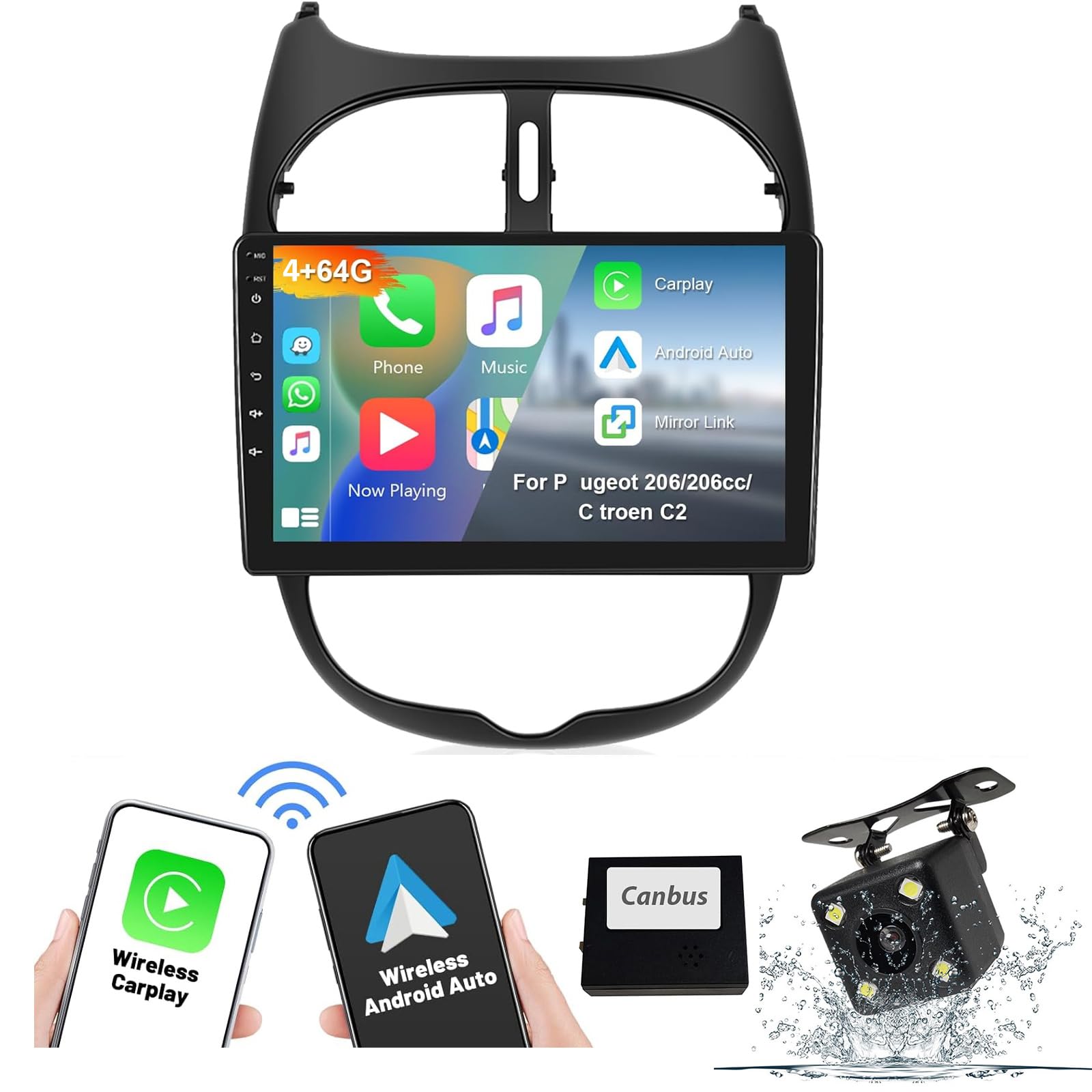8-rdzeniowy [4G+64G] Android 14 Car Radio Navi do P-eugeot 206/ 206cc/ C-itroen C2 (2002-2010) 9" ekran radiowy z nawigacją samochodową z systemem Android z nawigacją GPS z Bluetooth HIFI FM 5G-WiFi