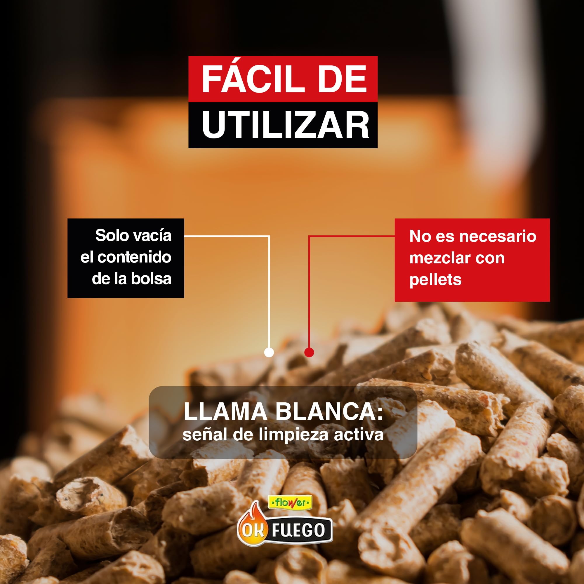 FLOWER Deshollinador Estufas y Calderas de Pellet 4,5 kg | Limpieza Hollín, Alquitrán y Polvo Chimena | Ahorro de Combustible y Mejora Rendimiento | Mayor Vida Útil Estufa