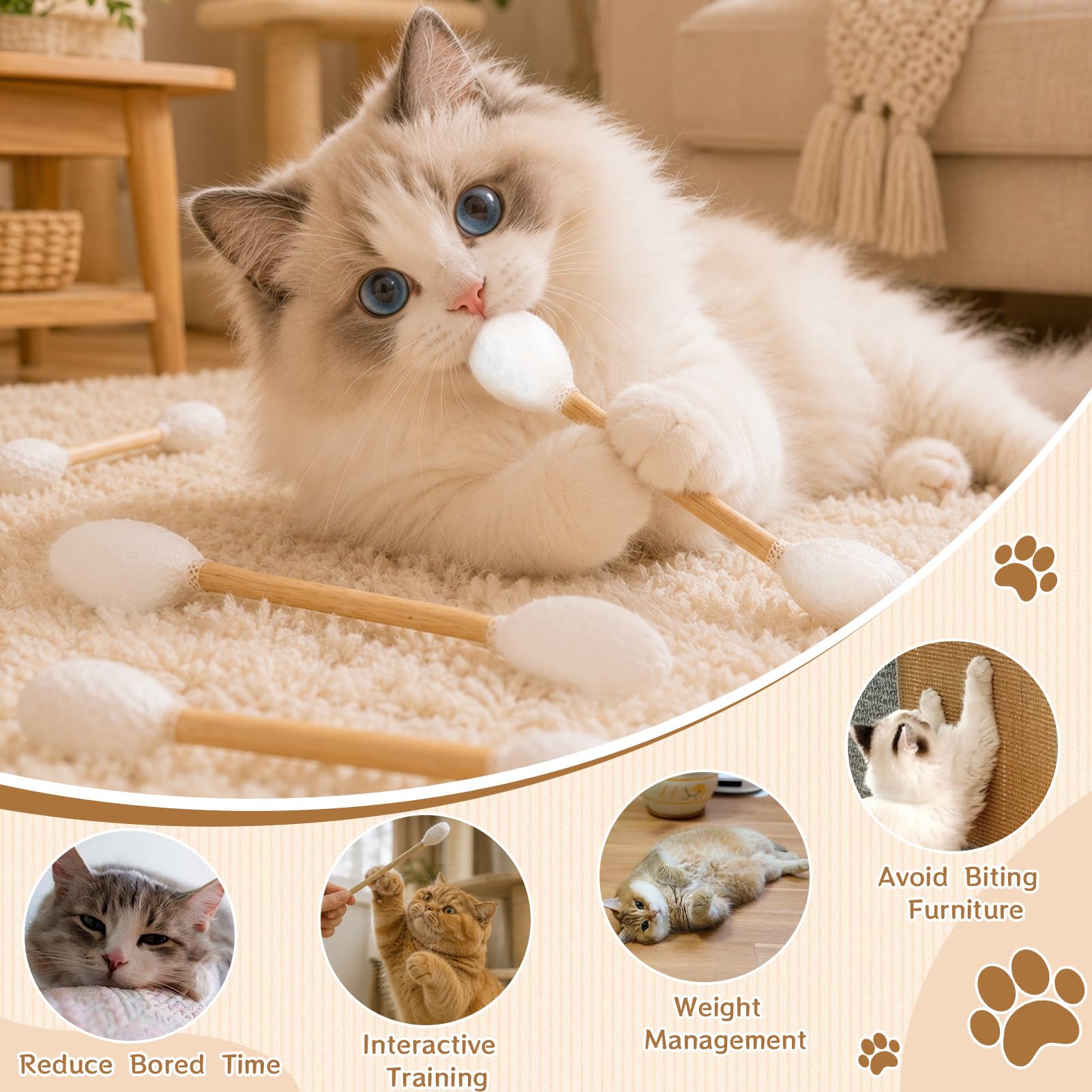 Wattestäbchen Katzenspielzeug mit Katzenminze, 6 Stück Katzenspielzeug Interaktive Katzenangel Filz Sticks, Weiches Plüsch Kauspielzeug Wattestäbchen Kicker Spielzeug für Katzen Zahnpflege