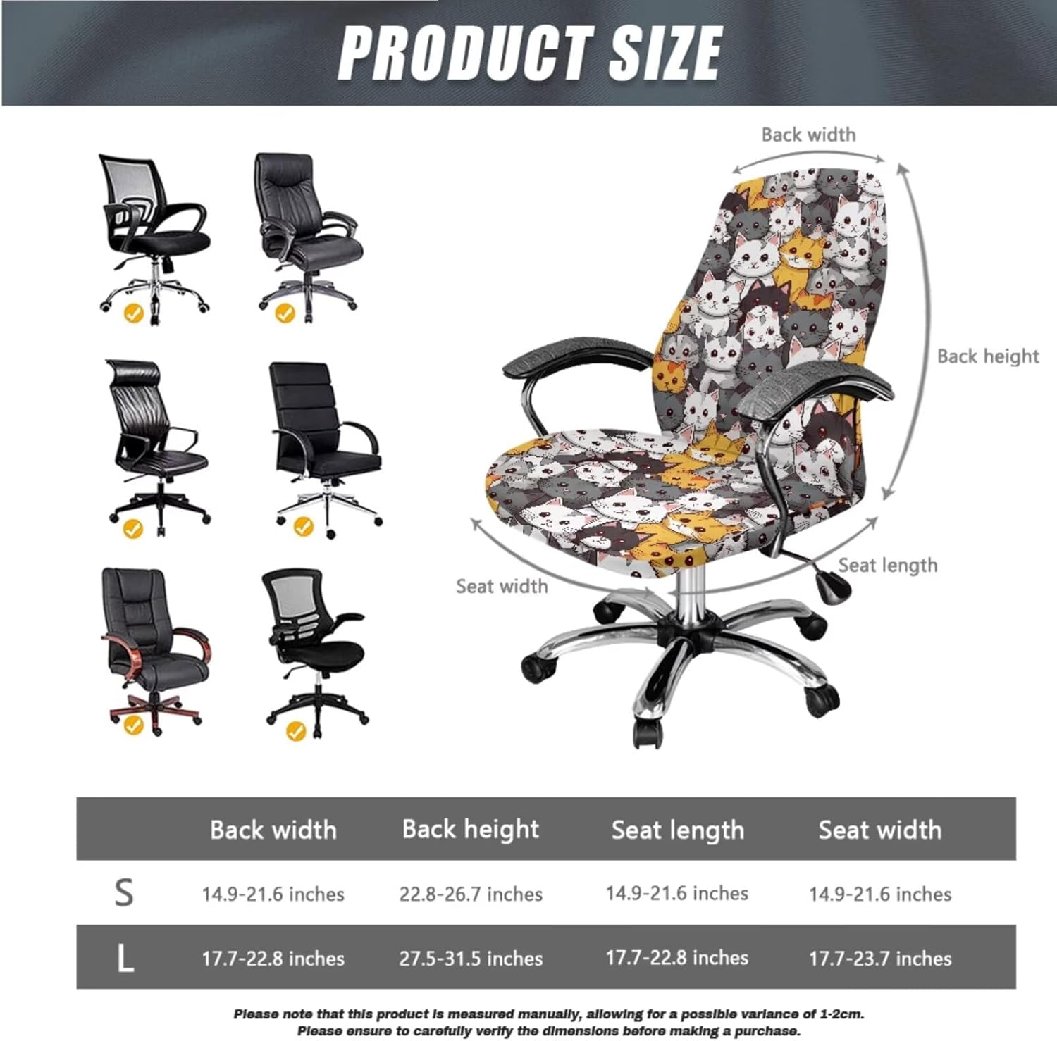 Cartoon Cat Print Office Chair Cover with Arm Covers, Breathable Computer Chair Slipcovers Polyester Office Chair Seat Covers High Back Chair Slipcover Protector-S