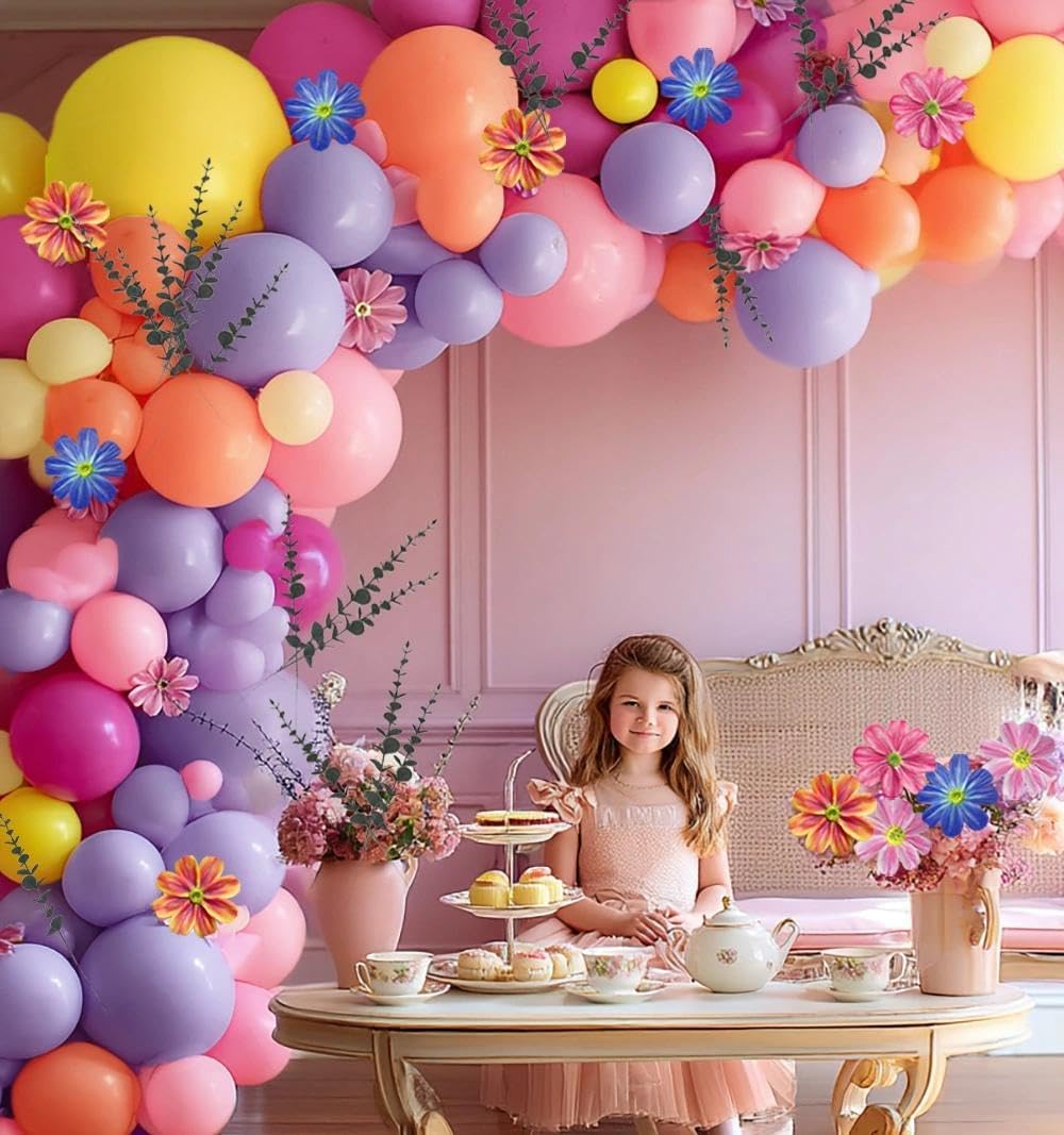 Hot Pink Purple Balloon Arch Double Stuffed Balloons with Artificial Flowers Eucalyptus Leaves Pastel Yellow Peach Magenta Latex Garland for Wildflower Birthday Baby Shower Wedding Floral Party Decor