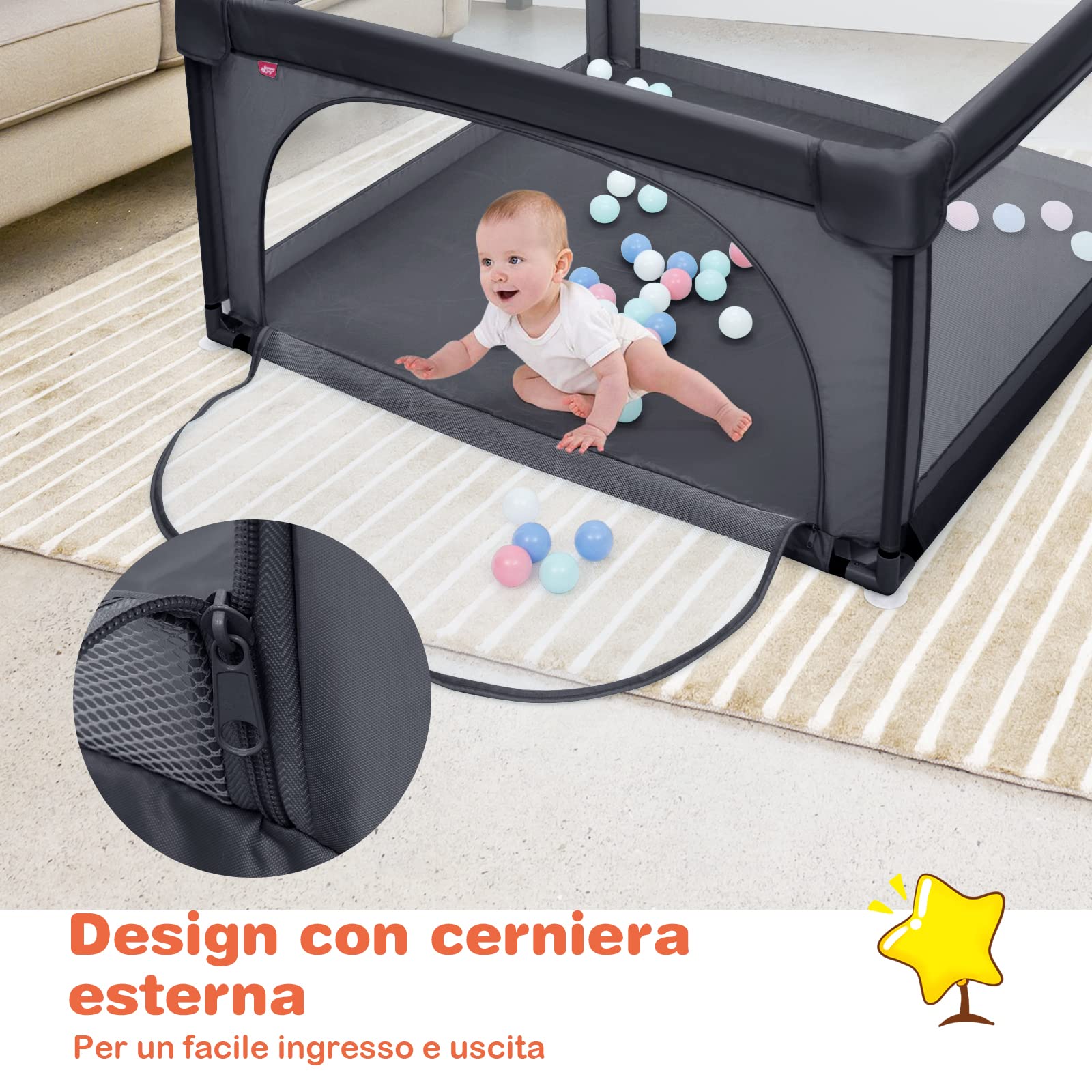 COSTWAY Box per Bambini, Centro Attività Portatile con Cancelli di Sicurezza, Recinto Resistente con Ventose Antiscivolo e Pareti a Rete Traspirante, Cancello per Giocare con 50 Palline (Grigio Scuro)