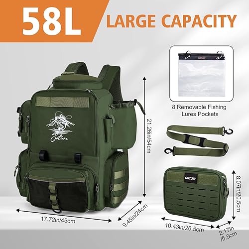 Miniatura 5 de Goture Mochila de pesca, mochila 900D resistente al agua con soportes para caña, bolsa de aparejos de pesca de gran tamaño de 58 L con bolsa cruzada