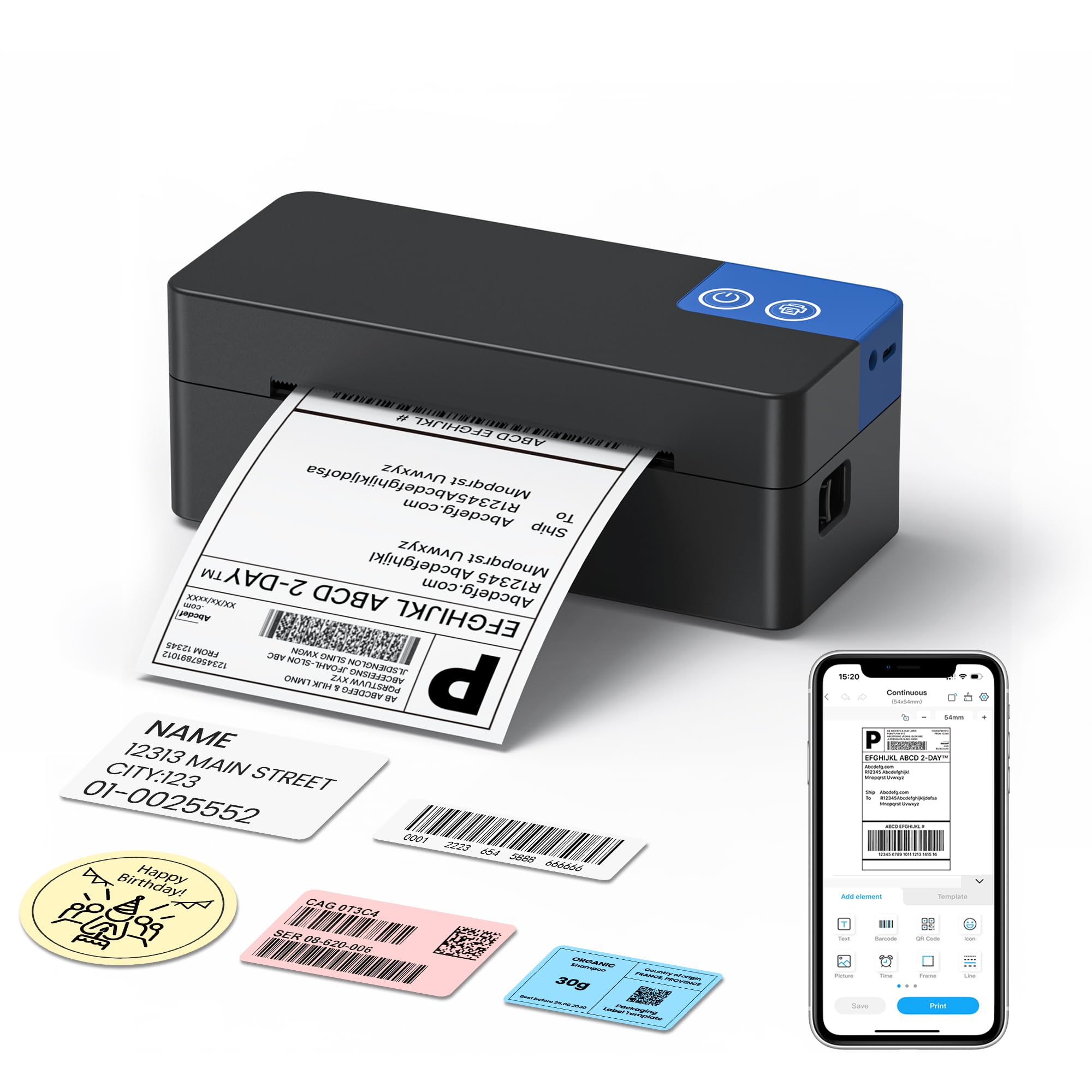 Bluetooth Etikettendrucker DHL, Thermodrucker 4x6 Versandetiketten Drucker, Etikettiergerät Label Printer Kompatibel mit Amazon, Shopify, Etsy, UPS & iOS, Android, Windows und Mac, Schwarz