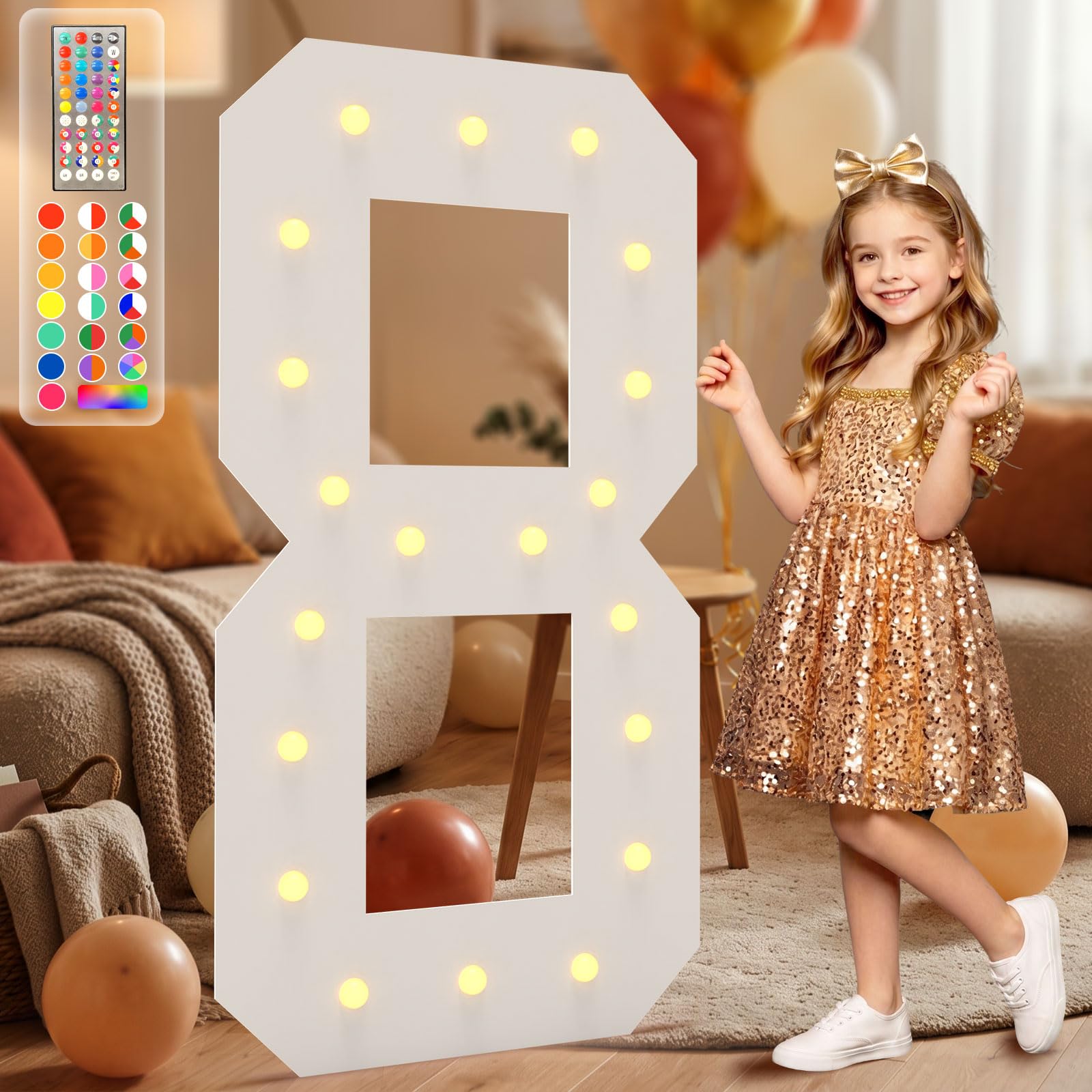 4FT Marquee Light Up Numbers, 34 Colors Changing Marquee Numbers with Remote,Water Bag, 4FT Light Up Numbers for 8th 18th Birthday Party Decorations Backdrop Anniversary Decor, Large Number 8