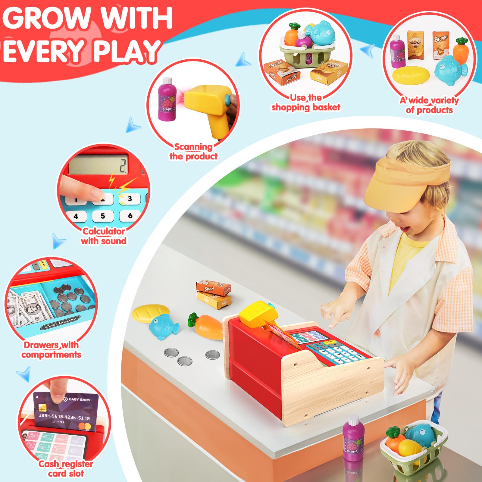 2025 Registratore di Cassa Giocattolo in Legno con Calcolatrice Scanner Giochi per Bambini 3+ Anni, Giocattoli per Negozi di Giochi Finti Regali Educativi per Ragazze Ragazzi 3 4 5 6 7 Anni, Rosso&Blu