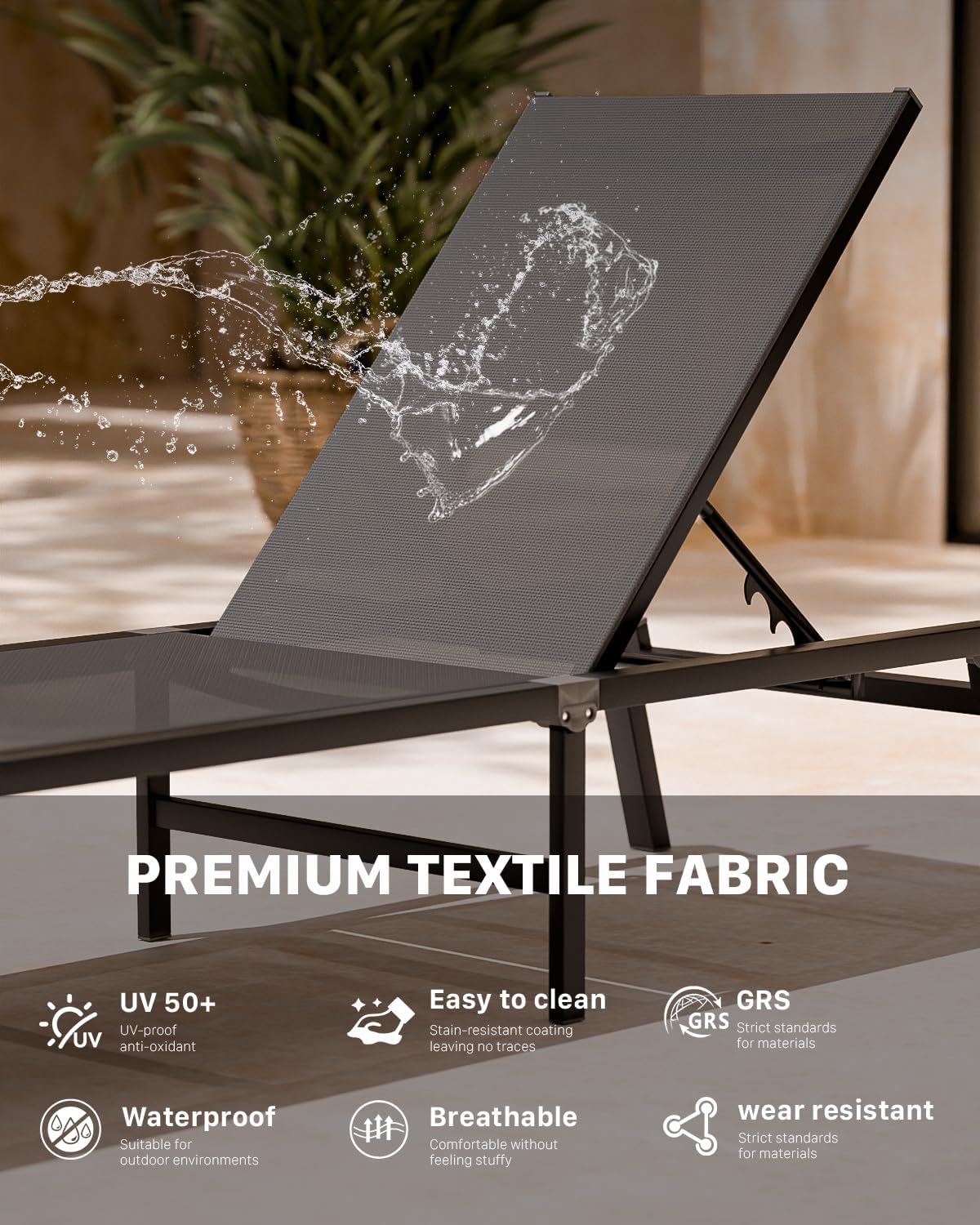 Aluminum Chaise Foldable Patio Lounge Chair Outdoor, Metal Deck Lounger Adjustable 5-Position Recliner Pool Chase Breathable Full Flat Outside Sun Tanning Chairs for Beach/Poolside/Lawn(Grey, 1 Pack)