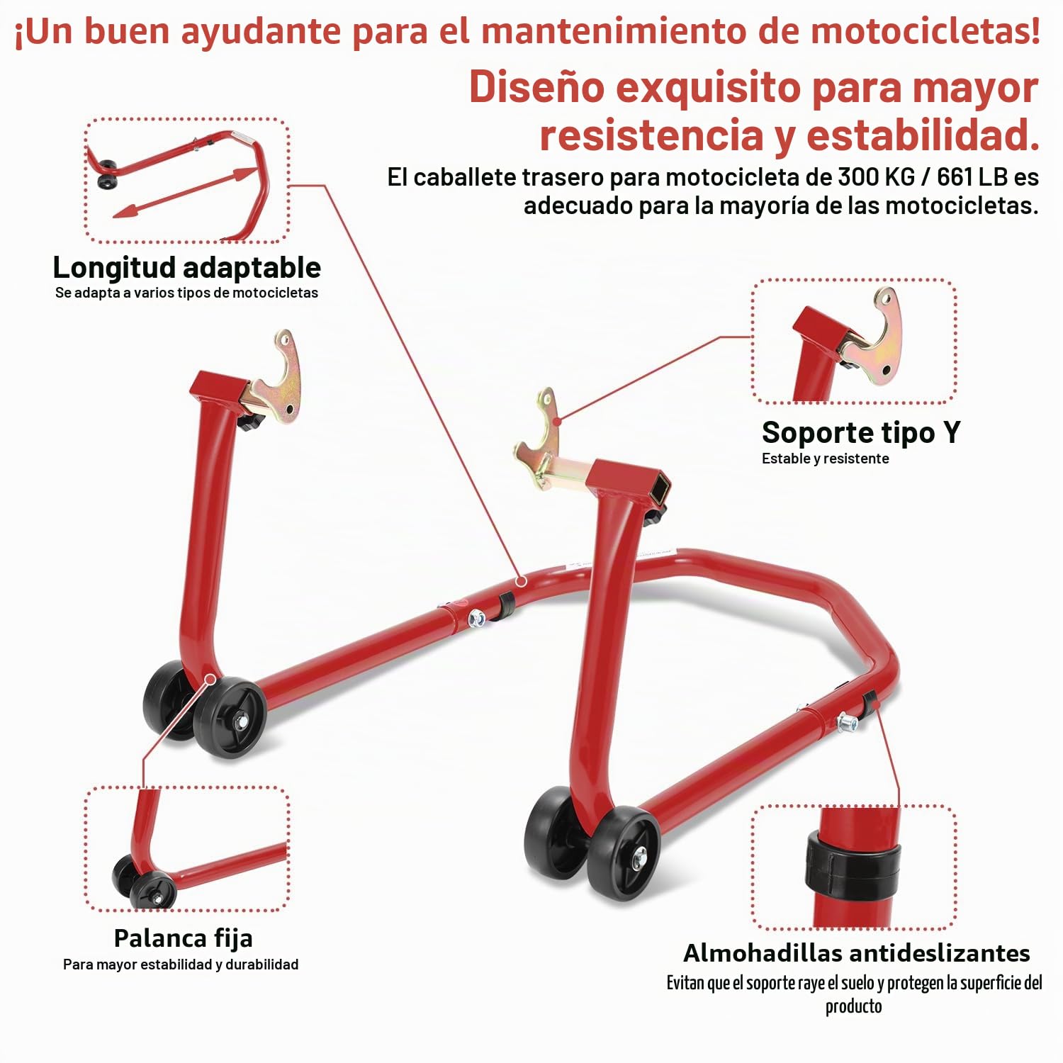 Eulenke Caballete de reparación trasera con adaptador en U, cric de moto para casi todas las motos, béquille de moto hasta 300 kg, elevador de montaje ajustable en ancho, rojo