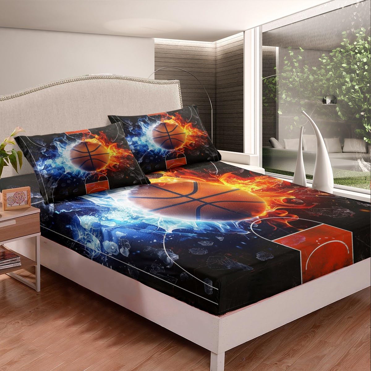jejeloiu Basketball Bed Sheets Set Queen Size Kids Water-fire Ball Pattern Bedding Set for Boys Girls Sports Gaming Fitted Sheet Room Decor